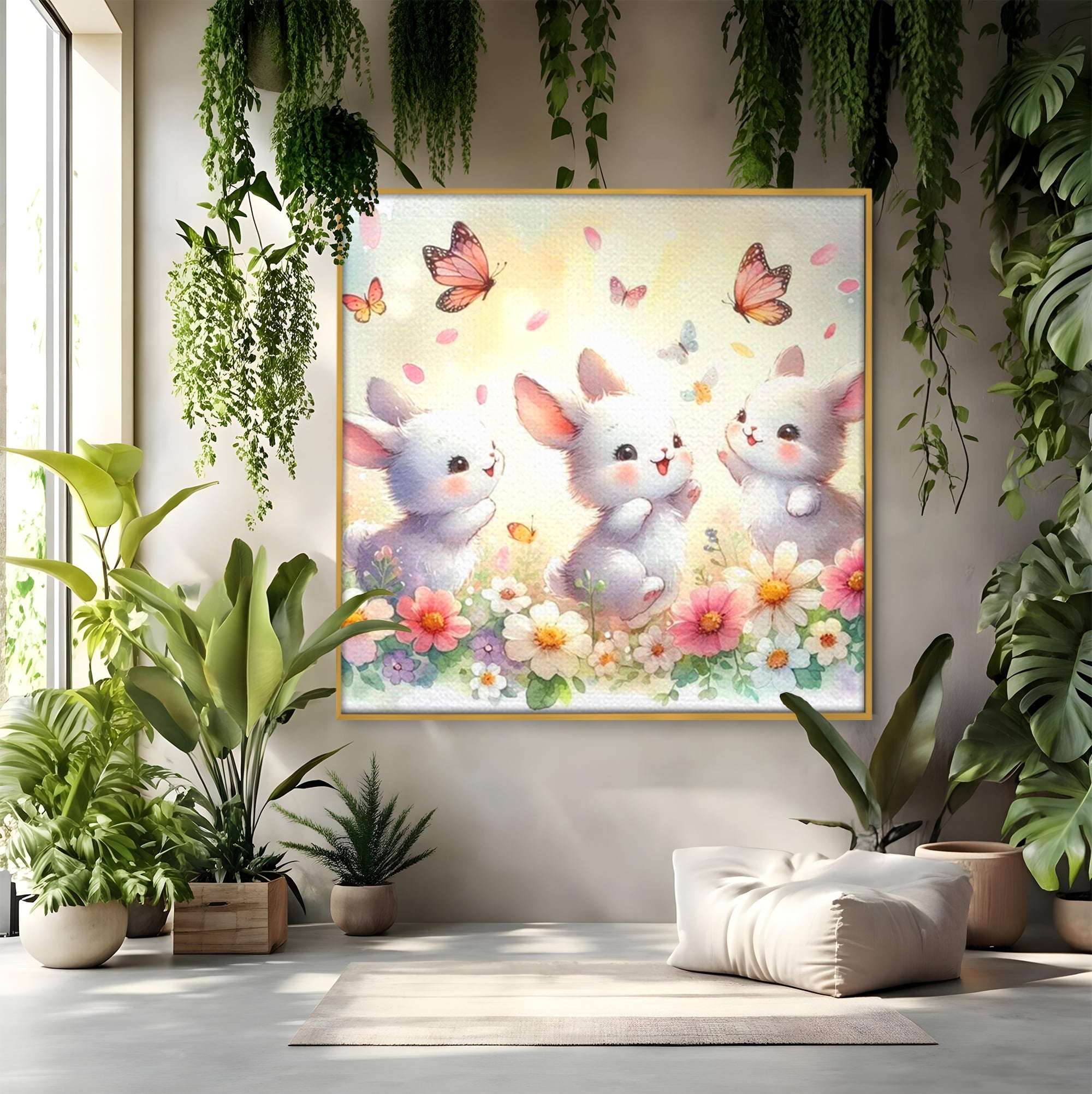 Tablou Canvas Premium, LuxCanva® K1063, Joaca in Padure, Gradinita, Iepurasi, Fluturi, Veselie, Flori, Prietenie, Copilarie, Adorabil, Camera Copil, Dormitor