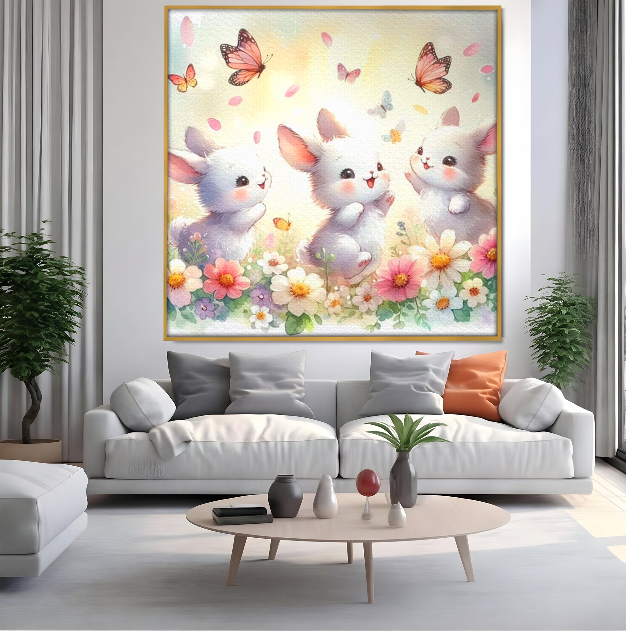 Tablou Canvas Premium, LuxCanva® K1063, Joaca in Padure, Gradinita, Iepurasi, Fluturi, Veselie, Flori, Prietenie, Copilarie, Adorabil, Camera Copil, Dormitor