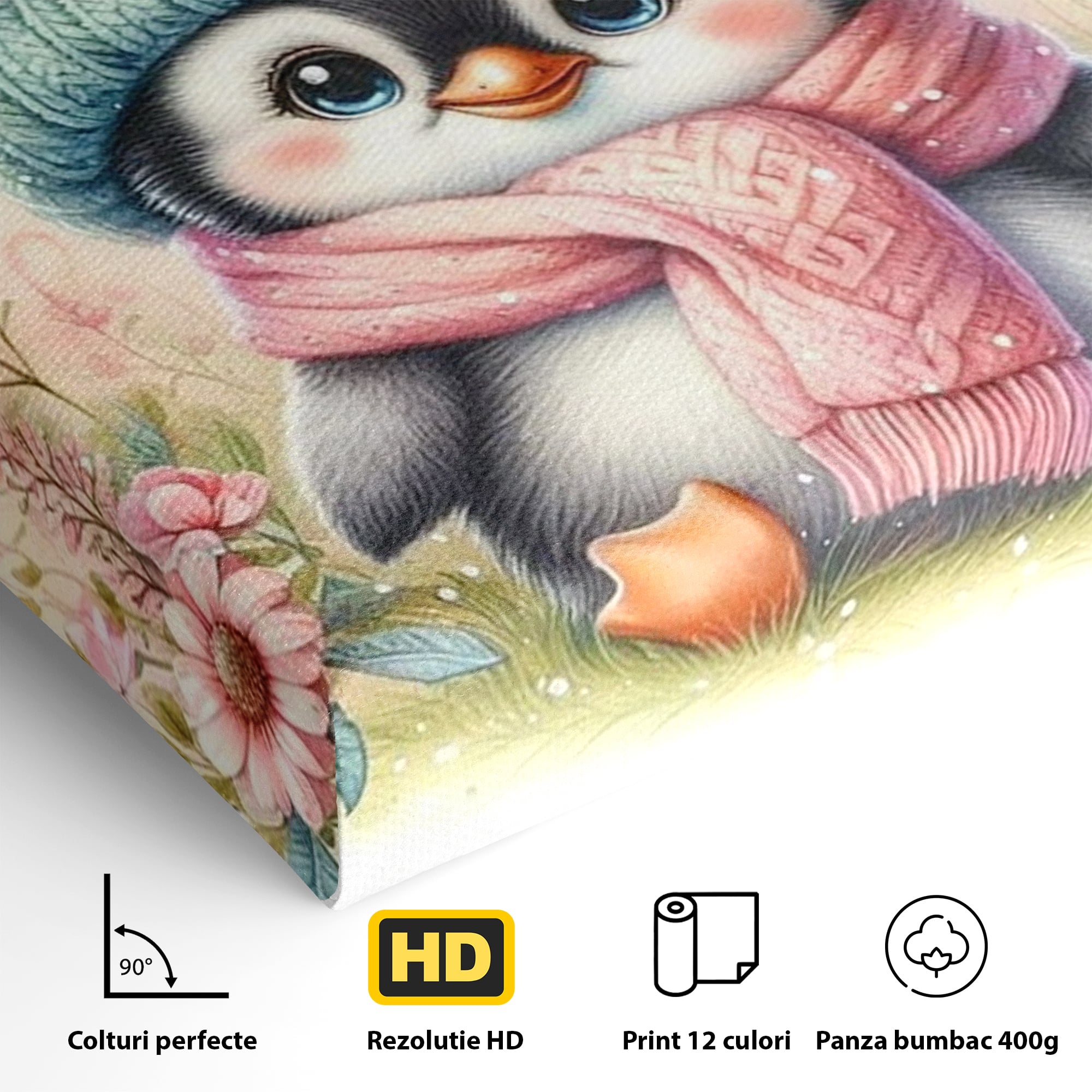 Tablou Canvas Premium, LuxCanva® K1064, Micutul Prieten al Iernii, Pinguin, Frig, Rece, Gradina, Floricele, Fluturi, Desen, Hainute, Camera Copil, Dormitor