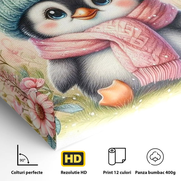 Tablou Canvas Premium, LuxCanva® K1064, Micutul Prieten al Iernii, Pinguin, Frig, Rece, Gradina, Floricele, Fluturi, Desen, Hainute, Camera Copil, Dormitor