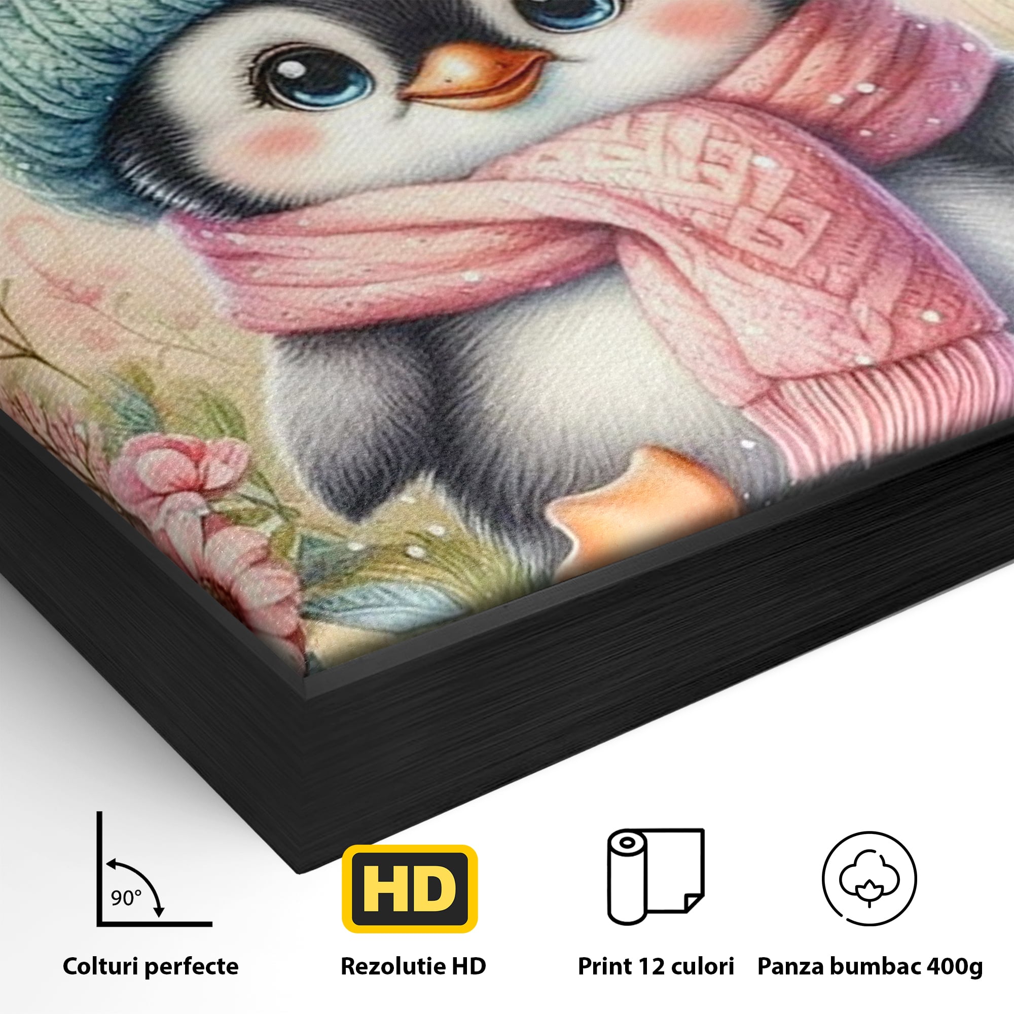 Tablou Canvas Premium, LuxCanva® K1064, Micutul Prieten al Iernii, Pinguin, Frig, Rece, Gradina, Floricele, Fluturi, Desen, Hainute, Camera Copil, Dormitor
