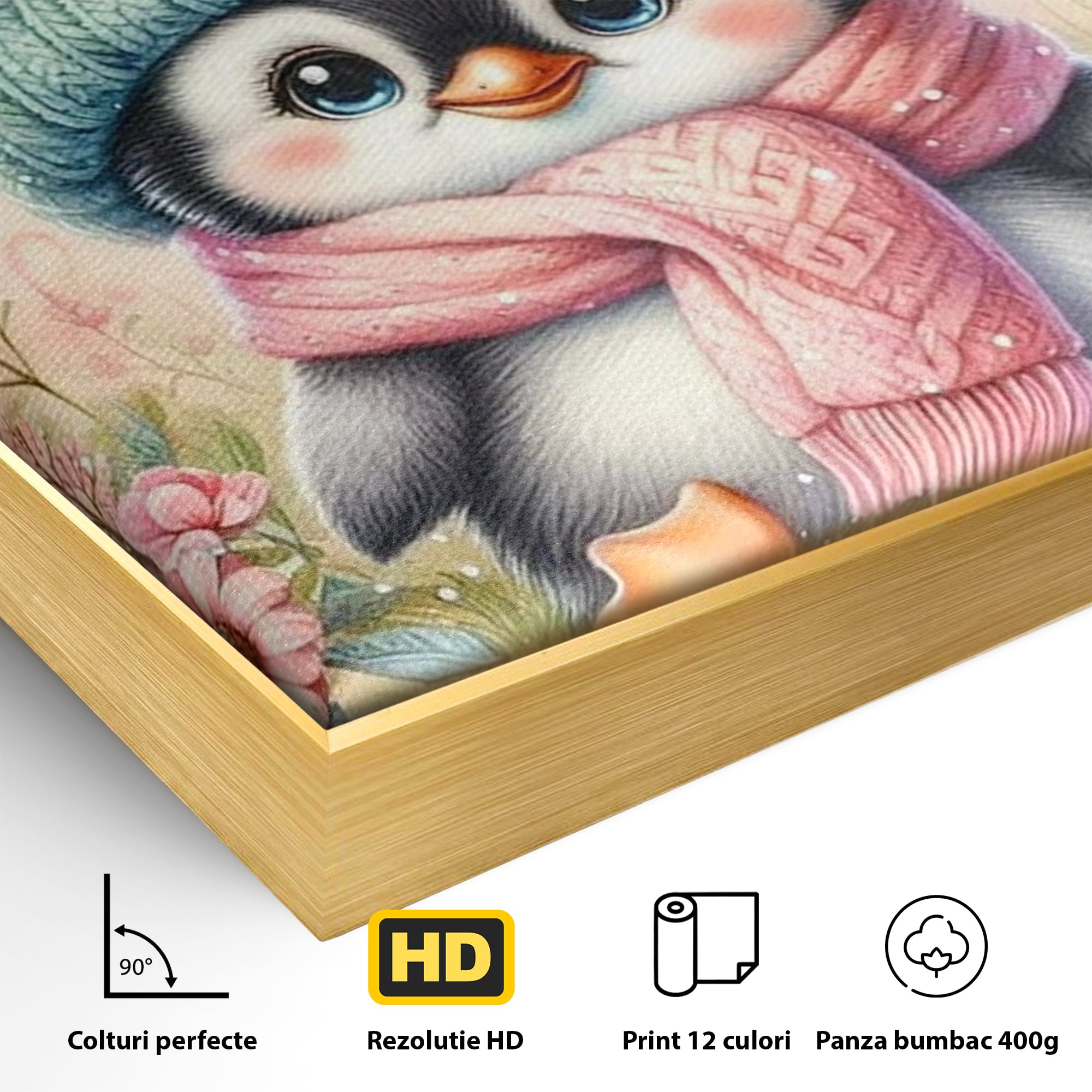 Tablou Canvas Premium, LuxCanva® K1064, Micutul Prieten al Iernii, Pinguin, Frig, Rece, Gradina, Floricele, Fluturi, Desen, Hainute, Camera Copil, Dormitor