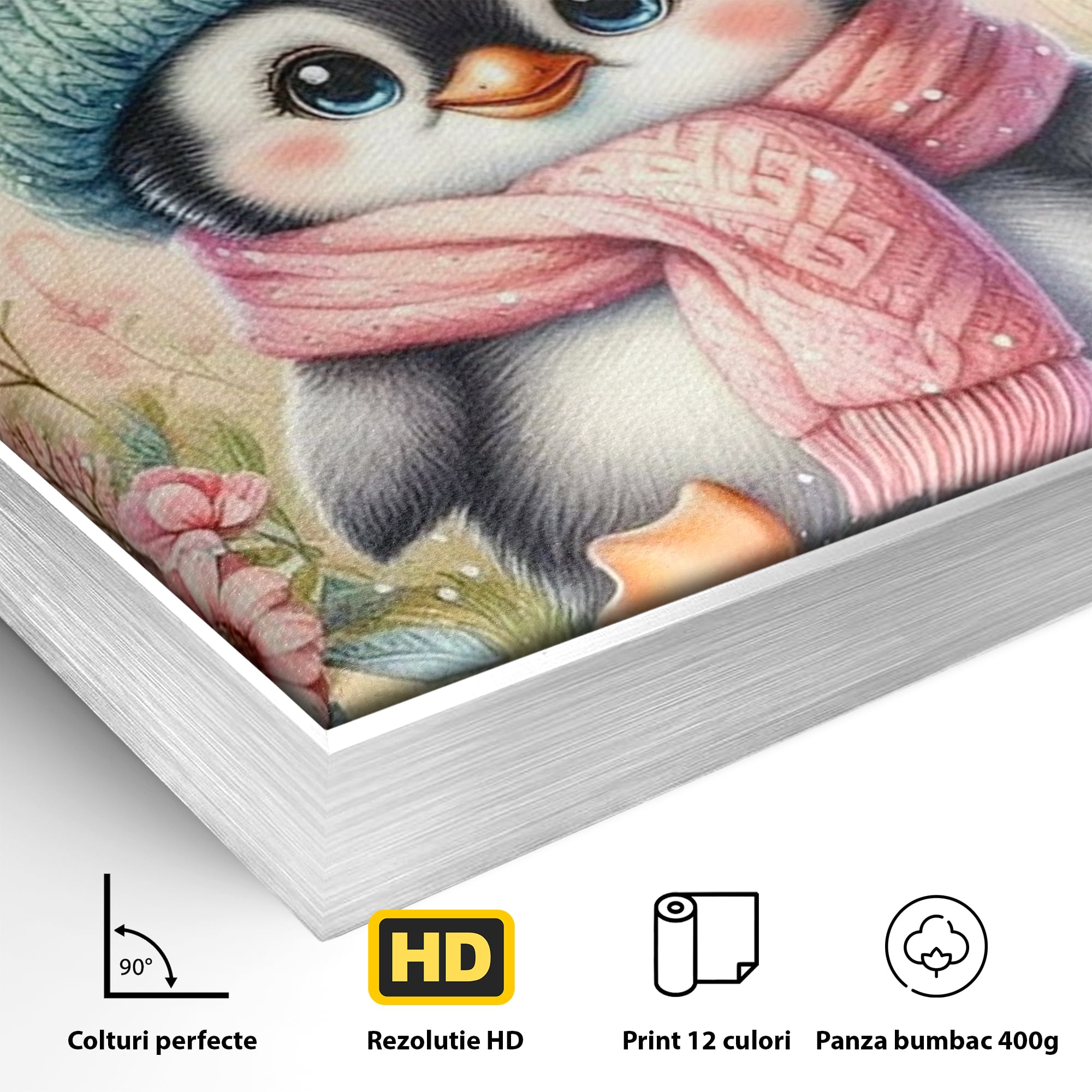 Tablou Canvas Premium, LuxCanva® K1064, Micutul Prieten al Iernii, Pinguin, Frig, Rece, Gradina, Floricele, Fluturi, Desen, Hainute, Camera Copil, Dormitor