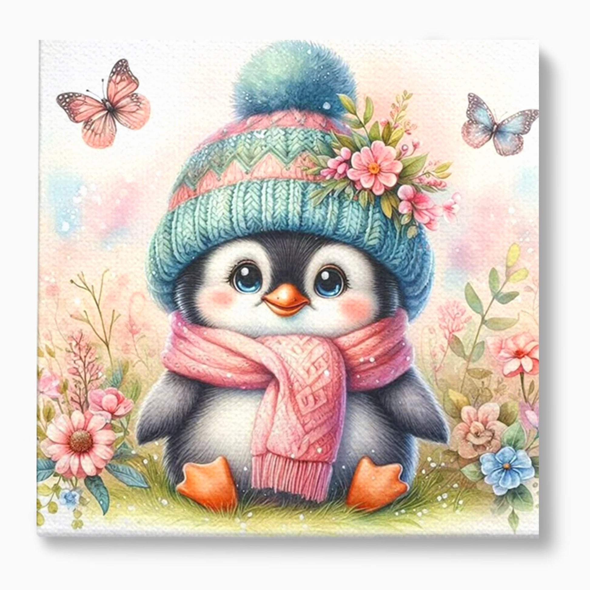 Tablou Canvas Premium, LuxCanva® K1064, Micutul Prieten al Iernii, Pinguin, Frig, Rece, Gradina, Floricele, Fluturi, Desen, Hainute, Camera Copil, Dormitor