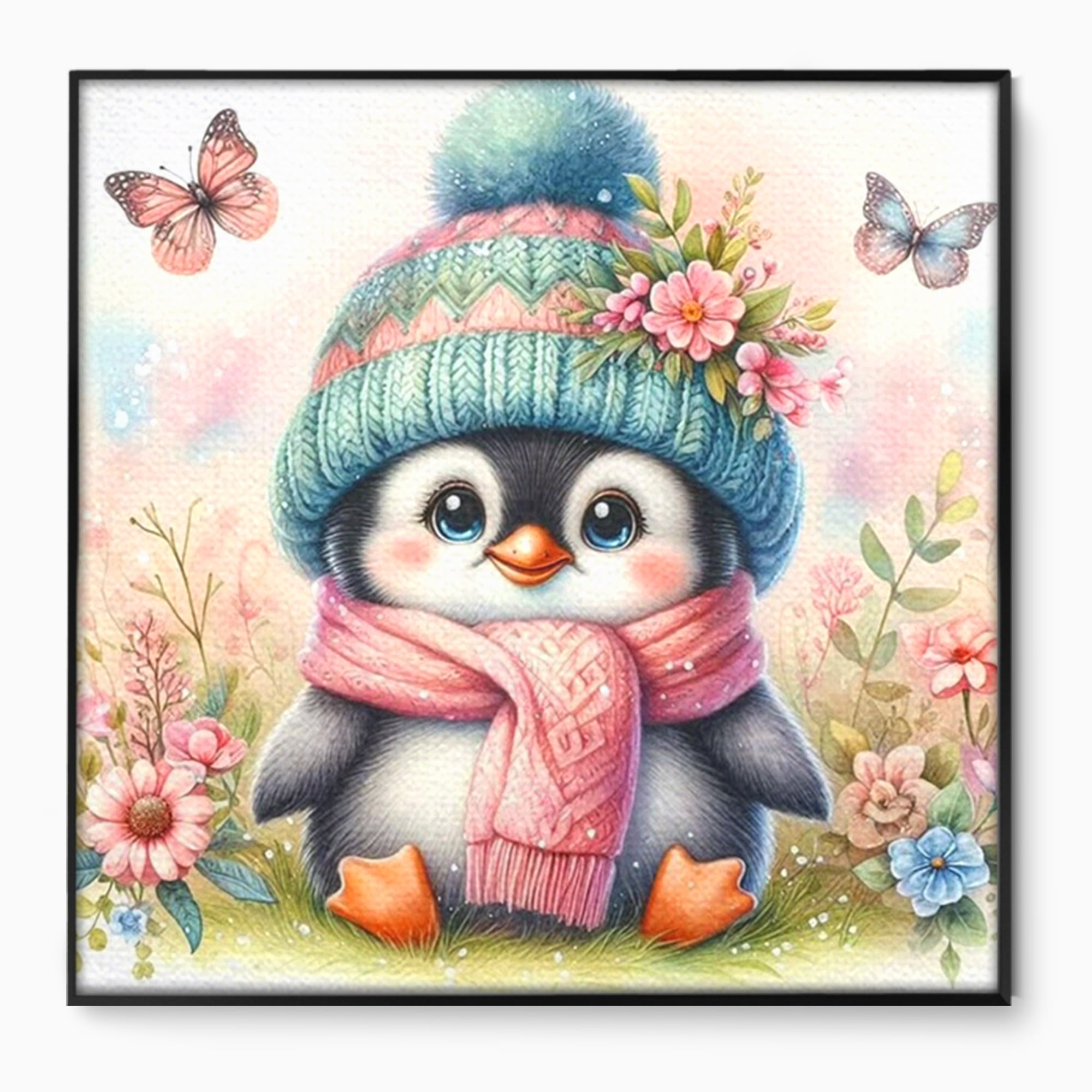 Tablou Canvas Premium, LuxCanva® K1064, Micutul Prieten al Iernii, Pinguin, Frig, Rece, Gradina, Floricele, Fluturi, Desen, Hainute, Camera Copil, Dormitor