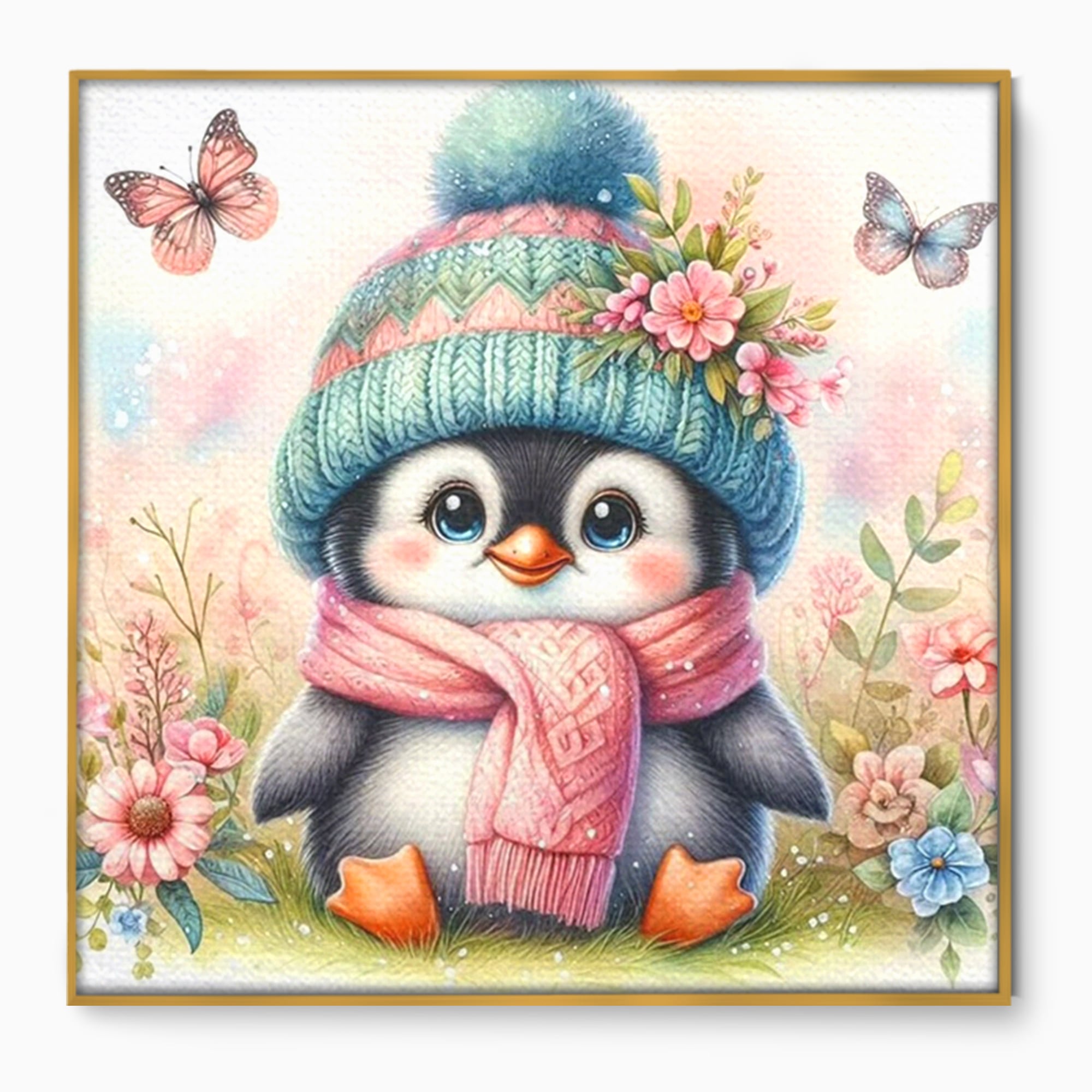 Tablou Canvas Premium, LuxCanva® K1064, Micutul Prieten al Iernii, Pinguin, Frig, Rece, Gradina, Floricele, Fluturi, Desen, Hainute, Camera Copil, Dormitor