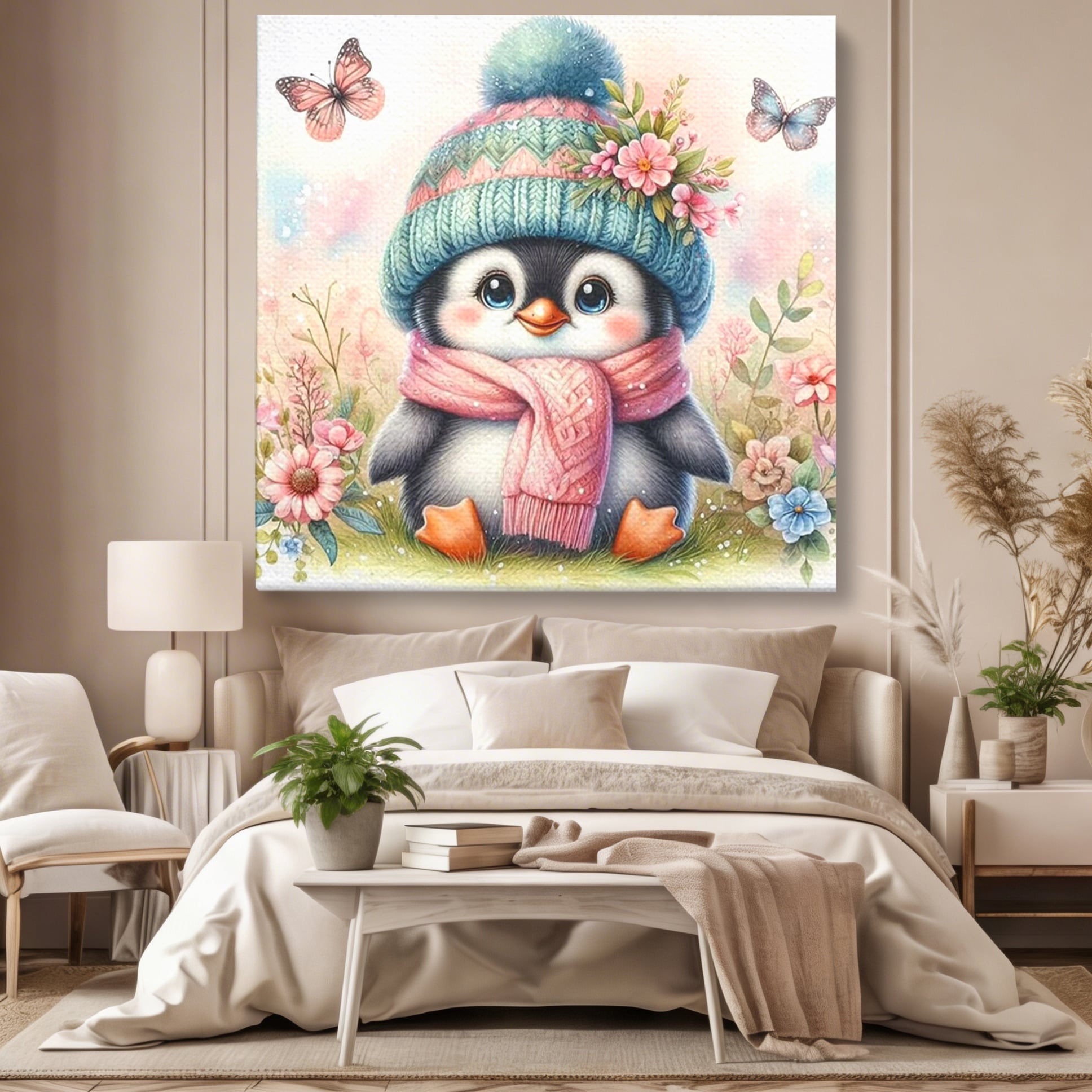 Tablou Canvas Premium, LuxCanva® K1064, Micutul Prieten al Iernii, Pinguin, Frig, Rece, Gradina, Floricele, Fluturi, Desen, Hainute, Camera Copil, Dormitor