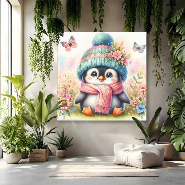 Tablou Canvas Premium, LuxCanva® K1064, Micutul Prieten al Iernii, Pinguin, Frig, Rece, Gradina, Floricele, Fluturi, Desen, Hainute, Camera Copil, Dormitor