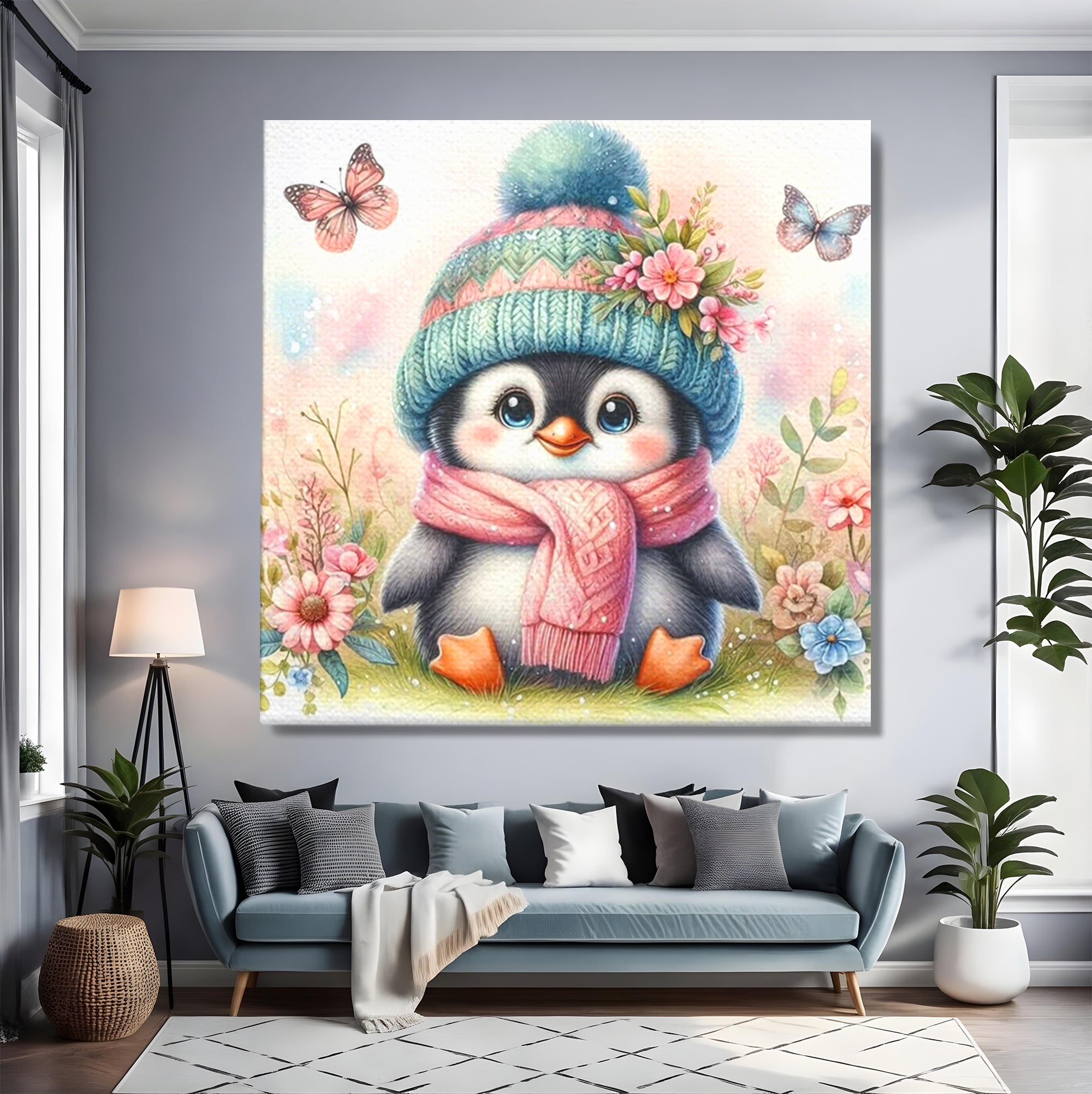 Tablou Canvas Premium, LuxCanva® K1064, Micutul Prieten al Iernii, Pinguin, Frig, Rece, Gradina, Floricele, Fluturi, Desen, Hainute, Camera Copil, Dormitor
