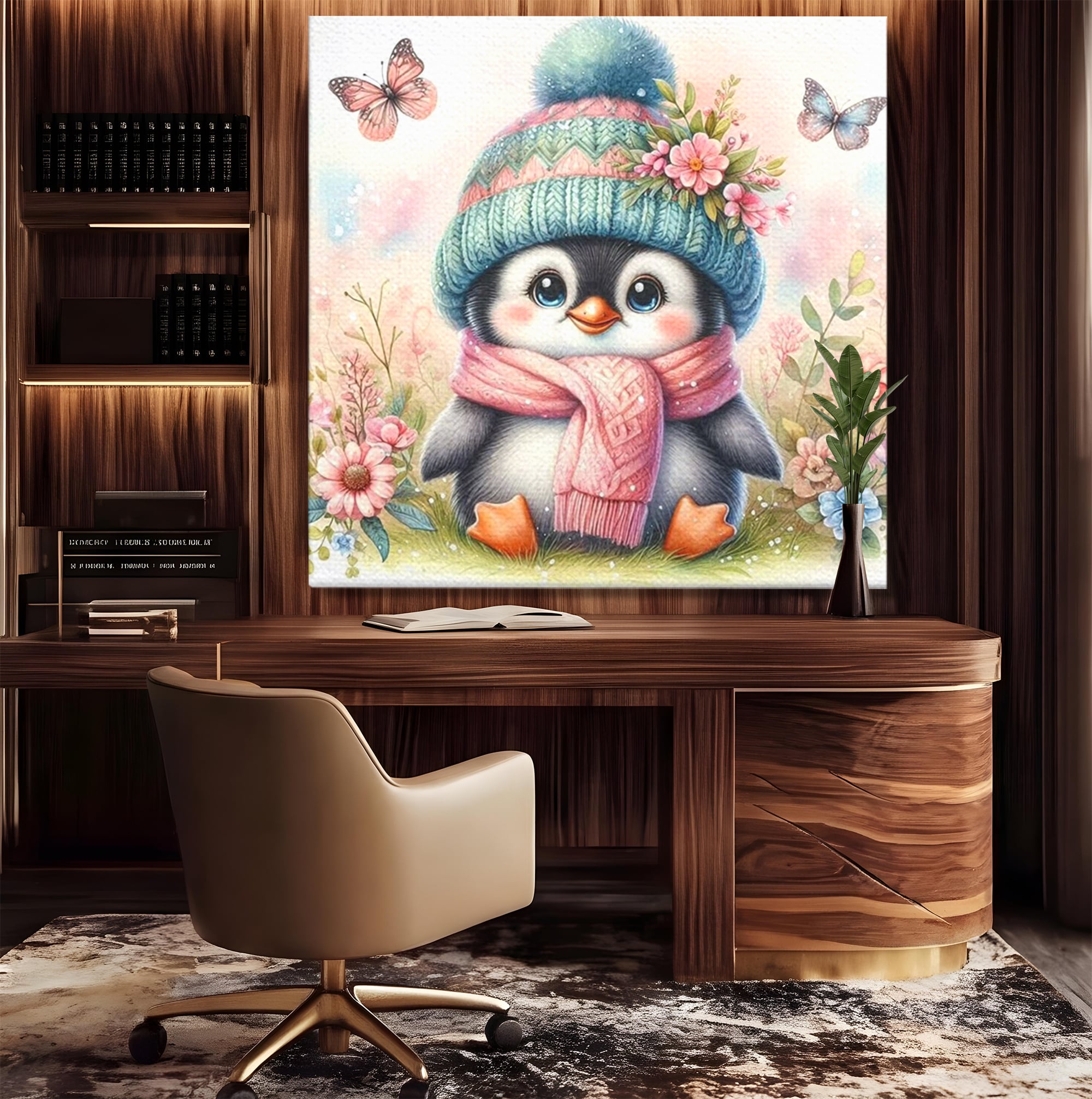 Tablou Canvas Premium, LuxCanva® K1064, Micutul Prieten al Iernii, Pinguin, Frig, Rece, Gradina, Floricele, Fluturi, Desen, Hainute, Camera Copil, Dormitor