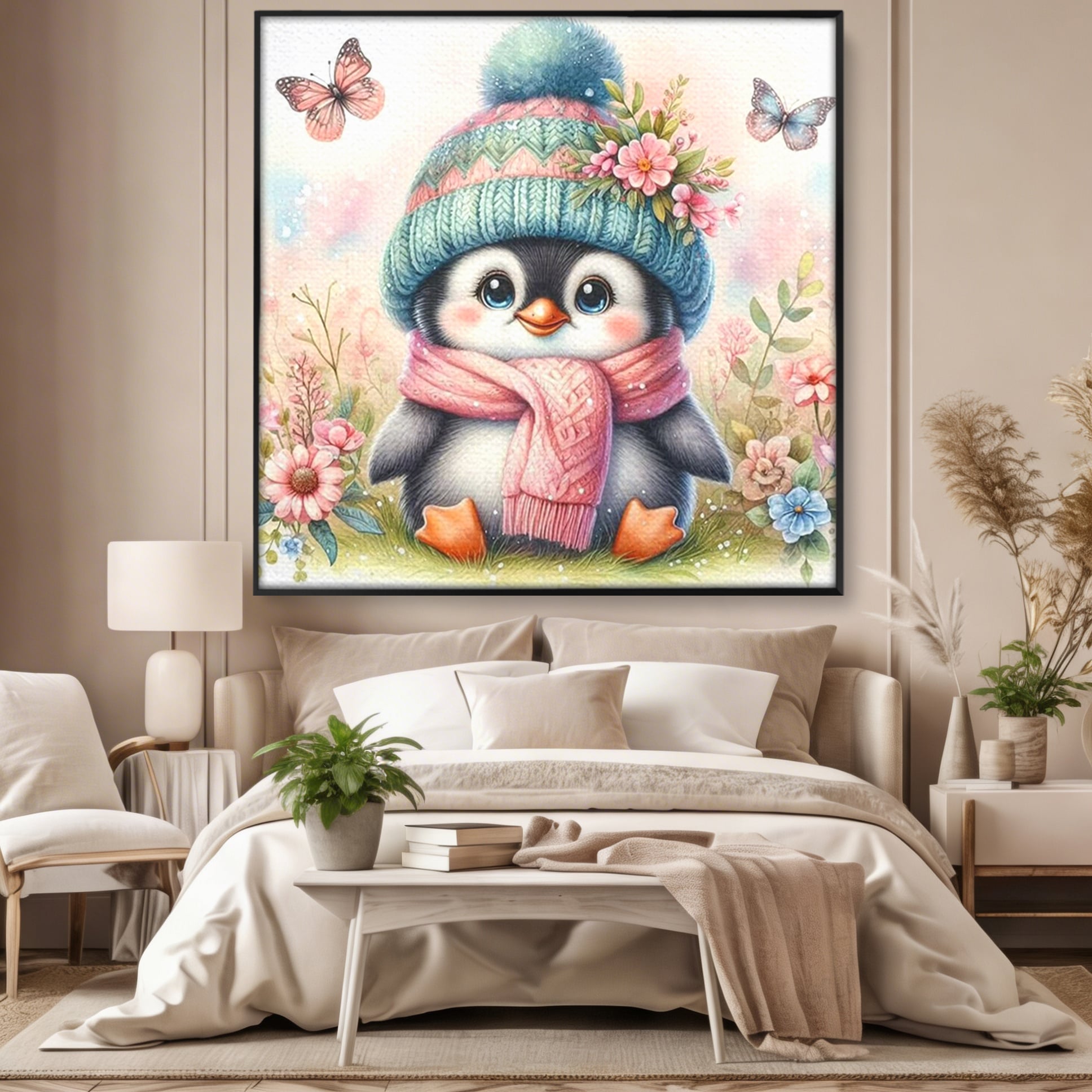 Tablou Canvas Premium, LuxCanva® K1064, Micutul Prieten al Iernii, Pinguin, Frig, Rece, Gradina, Floricele, Fluturi, Desen, Hainute, Camera Copil, Dormitor