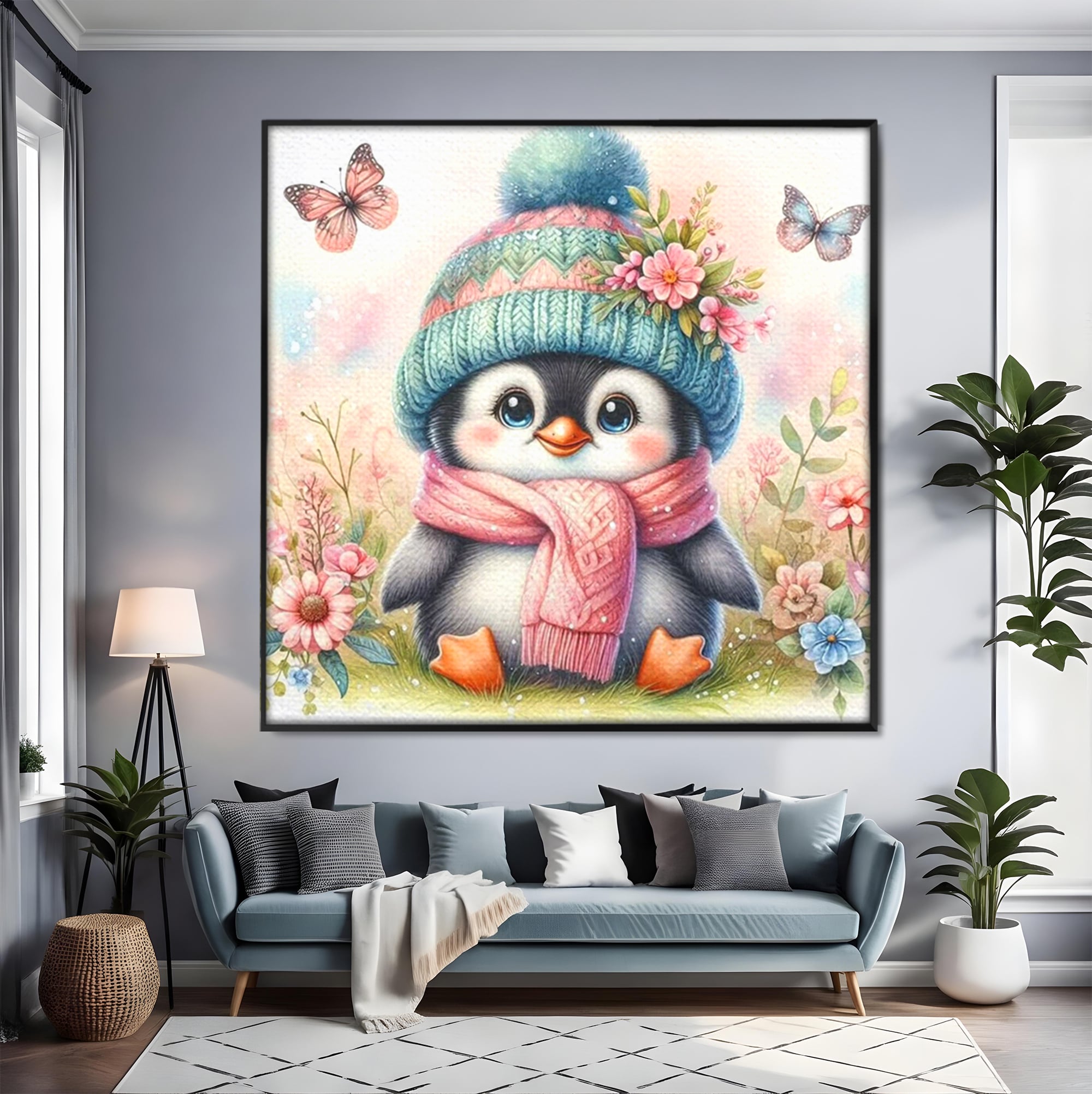Tablou Canvas Premium, LuxCanva® K1064, Micutul Prieten al Iernii, Pinguin, Frig, Rece, Gradina, Floricele, Fluturi, Desen, Hainute, Camera Copil, Dormitor