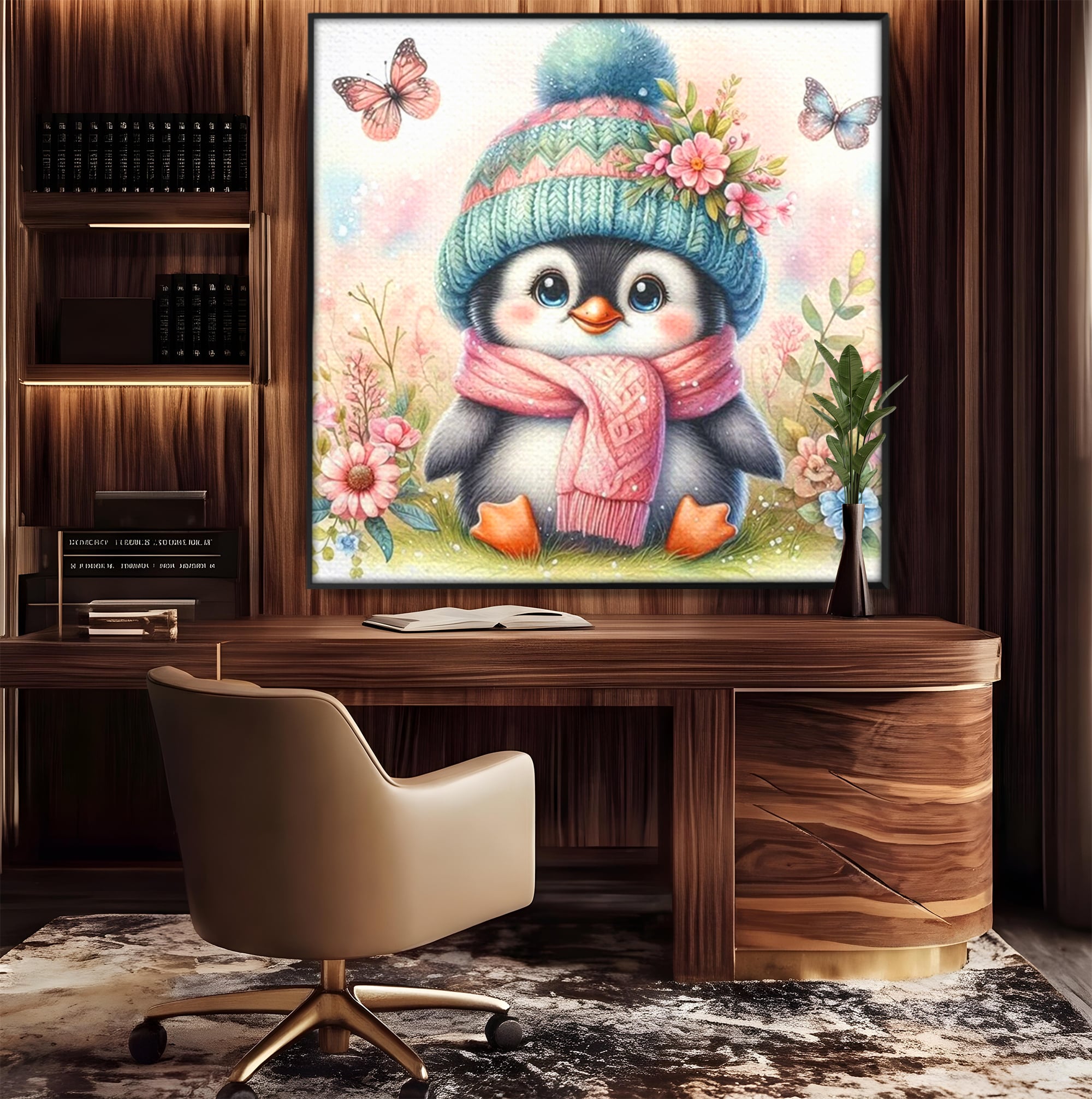 Tablou Canvas Premium, LuxCanva® K1064, Micutul Prieten al Iernii, Pinguin, Frig, Rece, Gradina, Floricele, Fluturi, Desen, Hainute, Camera Copil, Dormitor