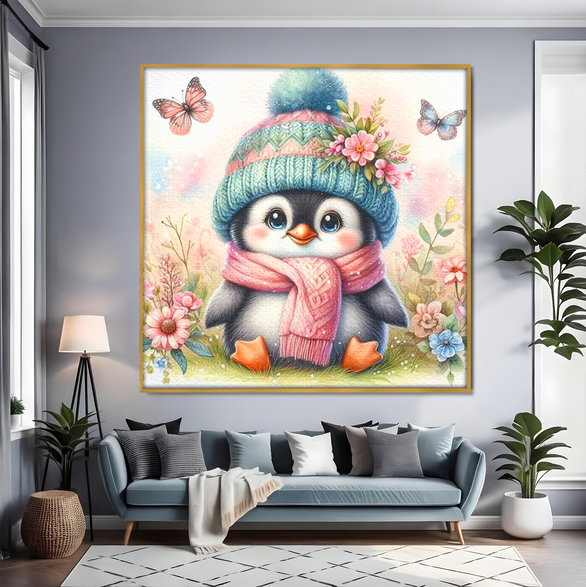Tablou Canvas Premium, LuxCanva® K1064, Micutul Prieten al Iernii, Pinguin, Frig, Rece, Gradina, Floricele, Fluturi, Desen, Hainute, Camera Copil, Dormitor