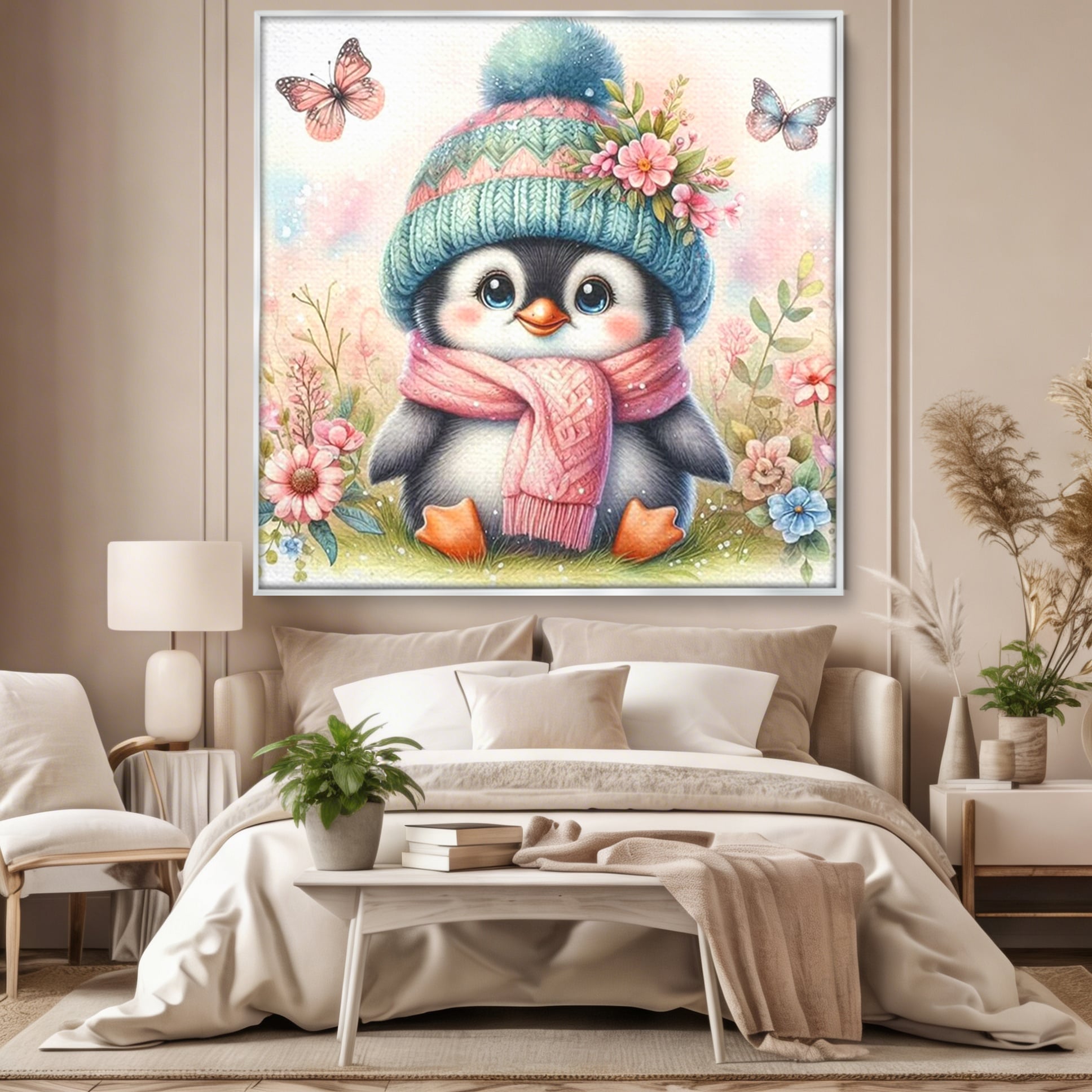 Tablou Canvas Premium, LuxCanva® K1064, Micutul Prieten al Iernii, Pinguin, Frig, Rece, Gradina, Floricele, Fluturi, Desen, Hainute, Camera Copil, Dormitor
