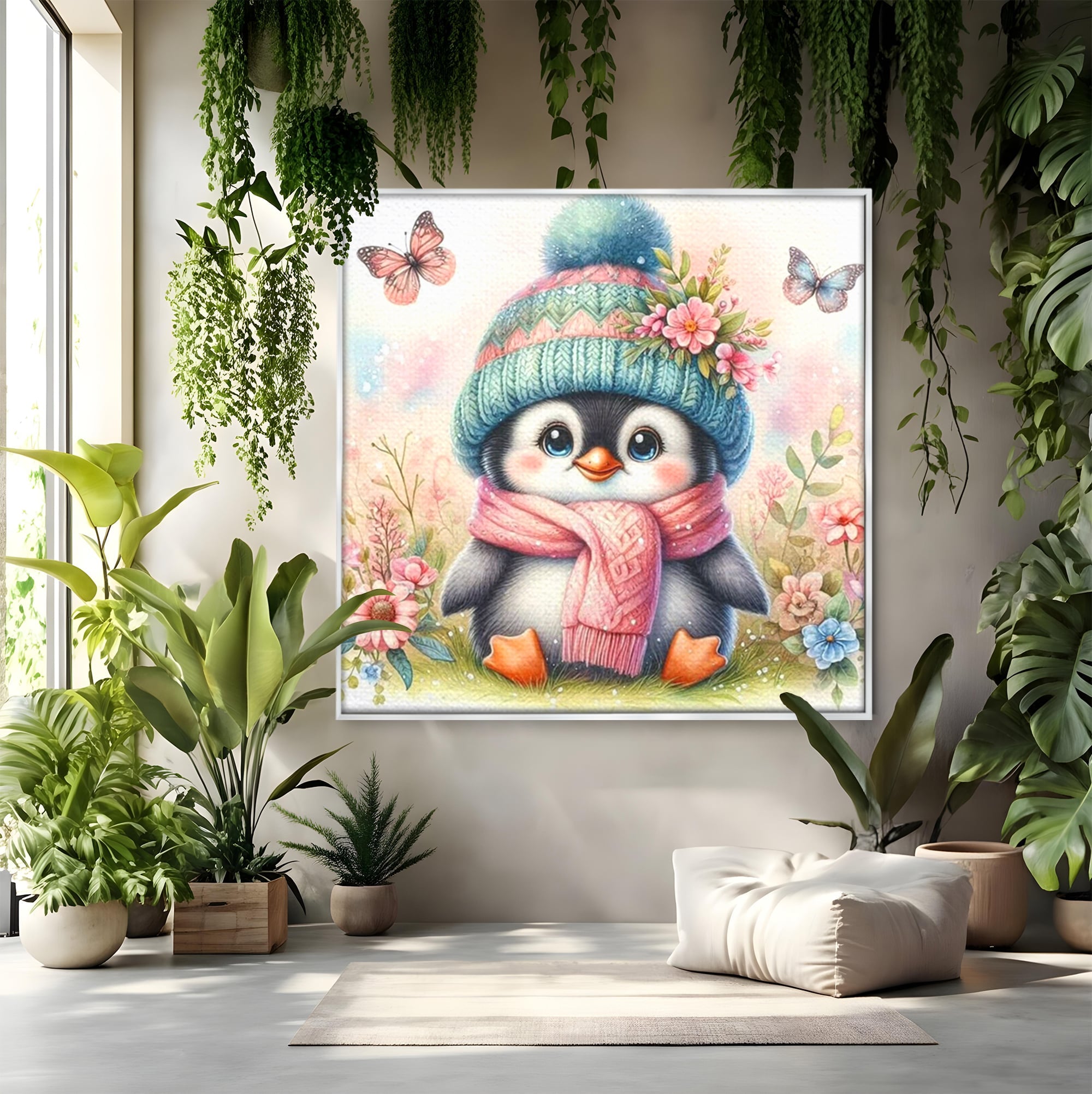 Tablou Canvas Premium, LuxCanva® K1064, Micutul Prieten al Iernii, Pinguin, Frig, Rece, Gradina, Floricele, Fluturi, Desen, Hainute, Camera Copil, Dormitor