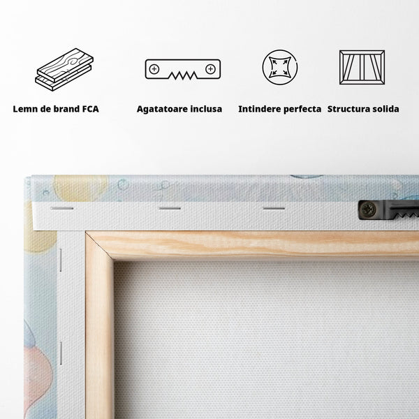 Leinwand Wandkunst Leinwand Wandkunst Premium, LuxCanva® K1066, Freude in kleinen Schritten, Elefant, Huhn, spielen, verspielt, verspielt, Luftballons, Pastell, liebenswert, Kindergarten, Kinderzimmer, Babyzimmer, Schlafzimmer
