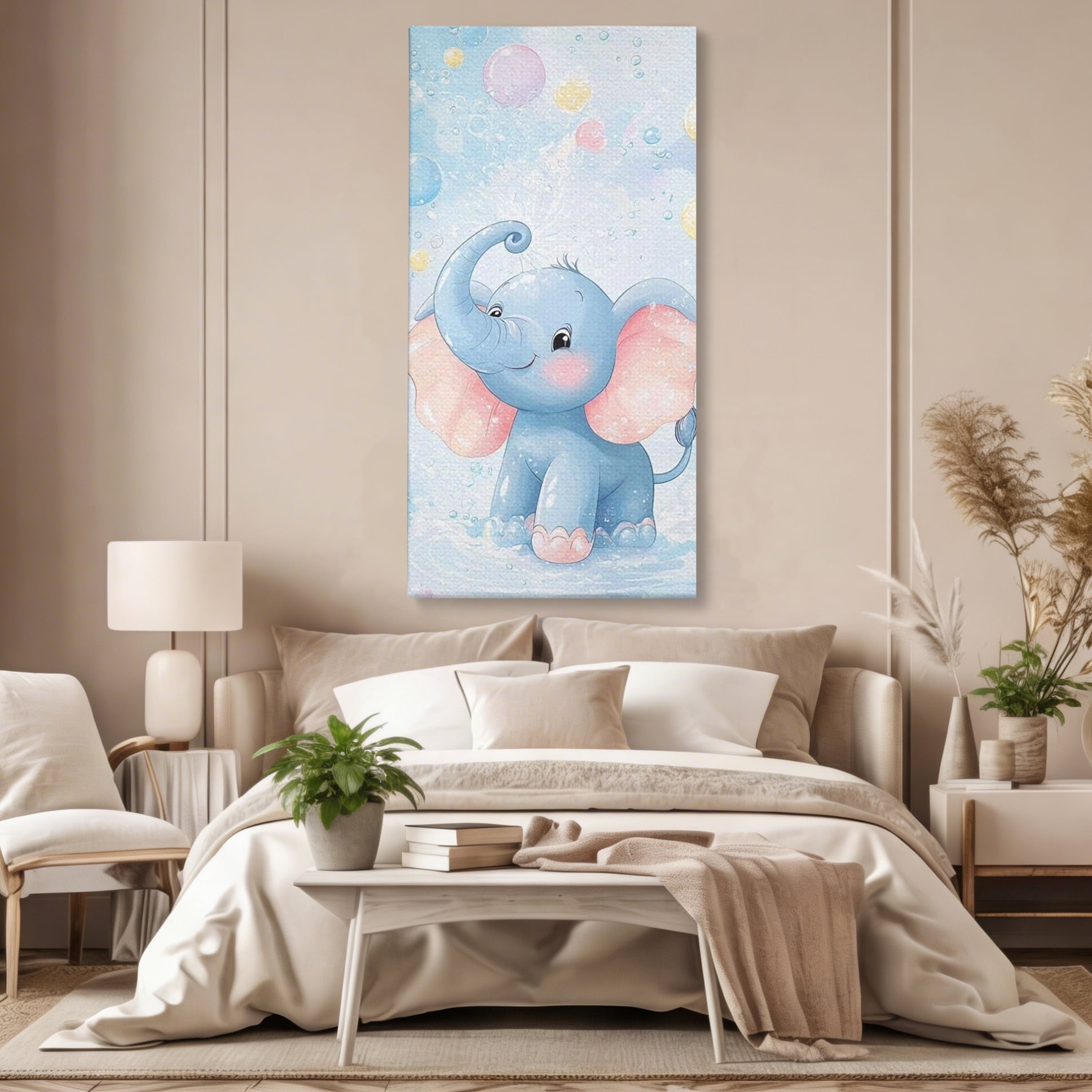 Leinwand Wandkunst Leinwand Wandkunst Premium, LuxCanva® K1066, Freude in kleinen Schritten, Elefant, Huhn, spielen, verspielt, verspielt, Luftballons, Pastell, liebenswert, Kindergarten, Kinderzimmer, Babyzimmer, Schlafzimmer