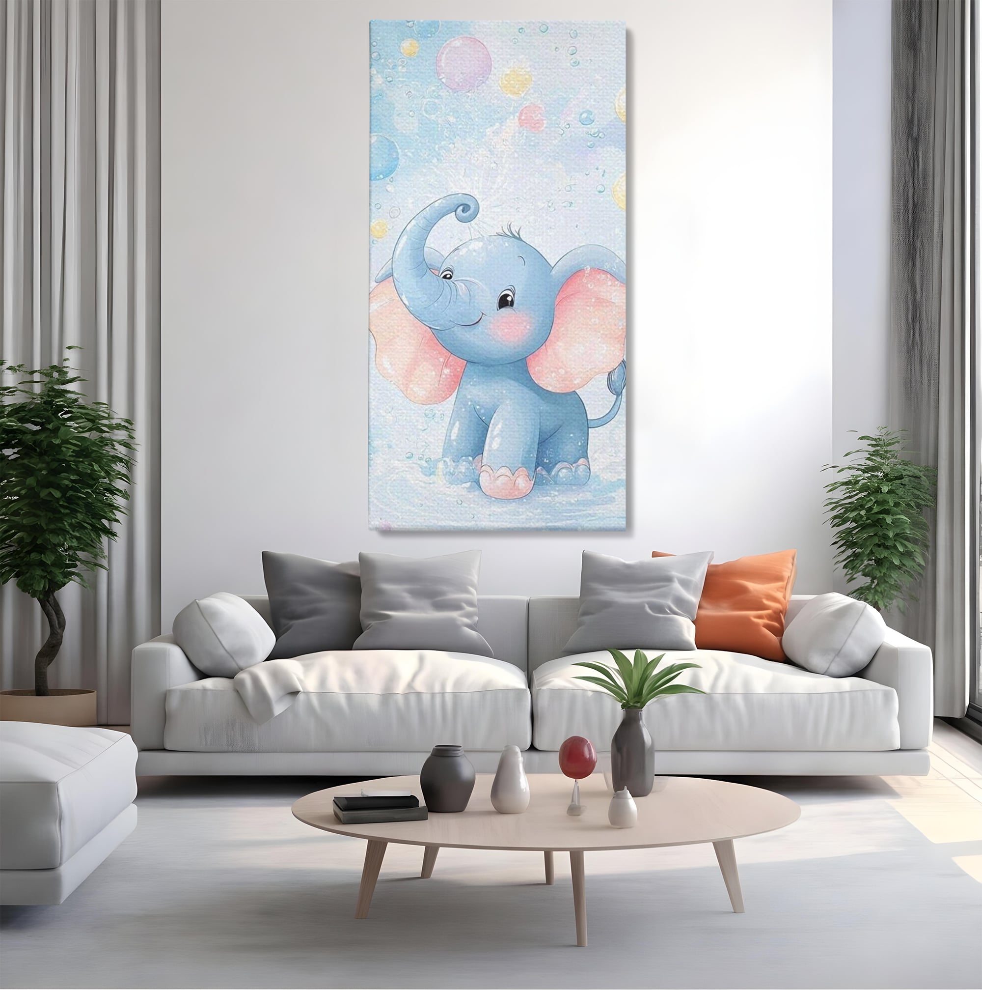 Leinwand Wandkunst Leinwand Wandkunst Premium, LuxCanva® K1066, Freude in kleinen Schritten, Elefant, Huhn, spielen, verspielt, verspielt, Luftballons, Pastell, liebenswert, Kindergarten, Kinderzimmer, Babyzimmer, Schlafzimmer