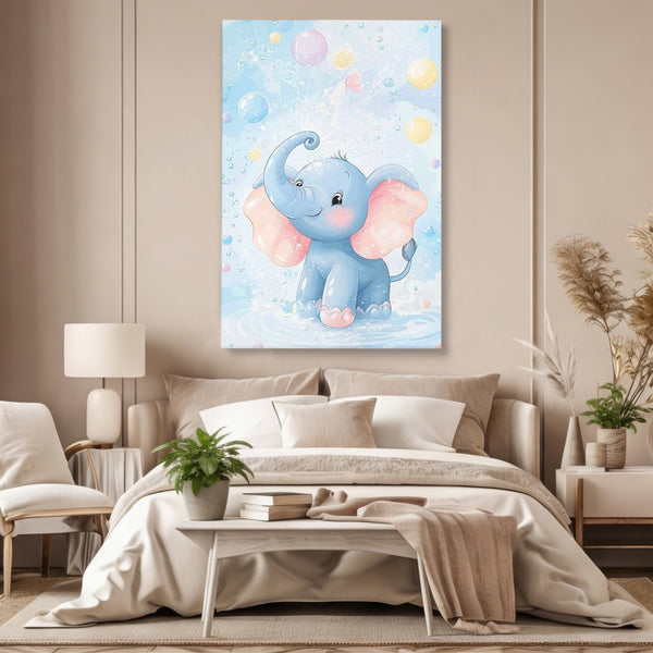 Leinwand Wandkunst Leinwand Wandkunst Premium, LuxCanva® K1066, Freude in kleinen Schritten, Elefant, Huhn, spielen, verspielt, verspielt, Luftballons, Pastell, liebenswert, Kindergarten, Kinderzimmer, Babyzimmer, Schlafzimmer