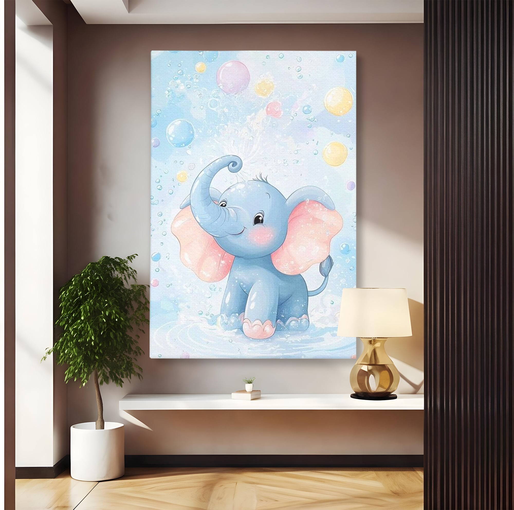 Leinwand Wandkunst Leinwand Wandkunst Premium, LuxCanva® K1066, Freude in kleinen Schritten, Elefant, Huhn, spielen, verspielt, verspielt, Luftballons, Pastell, liebenswert, Kindergarten, Kinderzimmer, Babyzimmer, Schlafzimmer