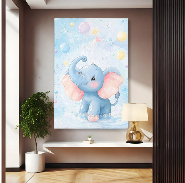 Leinwand Wandkunst Leinwand Wandkunst Premium, LuxCanva® K1066, Freude in kleinen Schritten, Elefant, Huhn, spielen, verspielt, verspielt, Luftballons, Pastell, liebenswert, Kindergarten, Kinderzimmer, Babyzimmer, Schlafzimmer