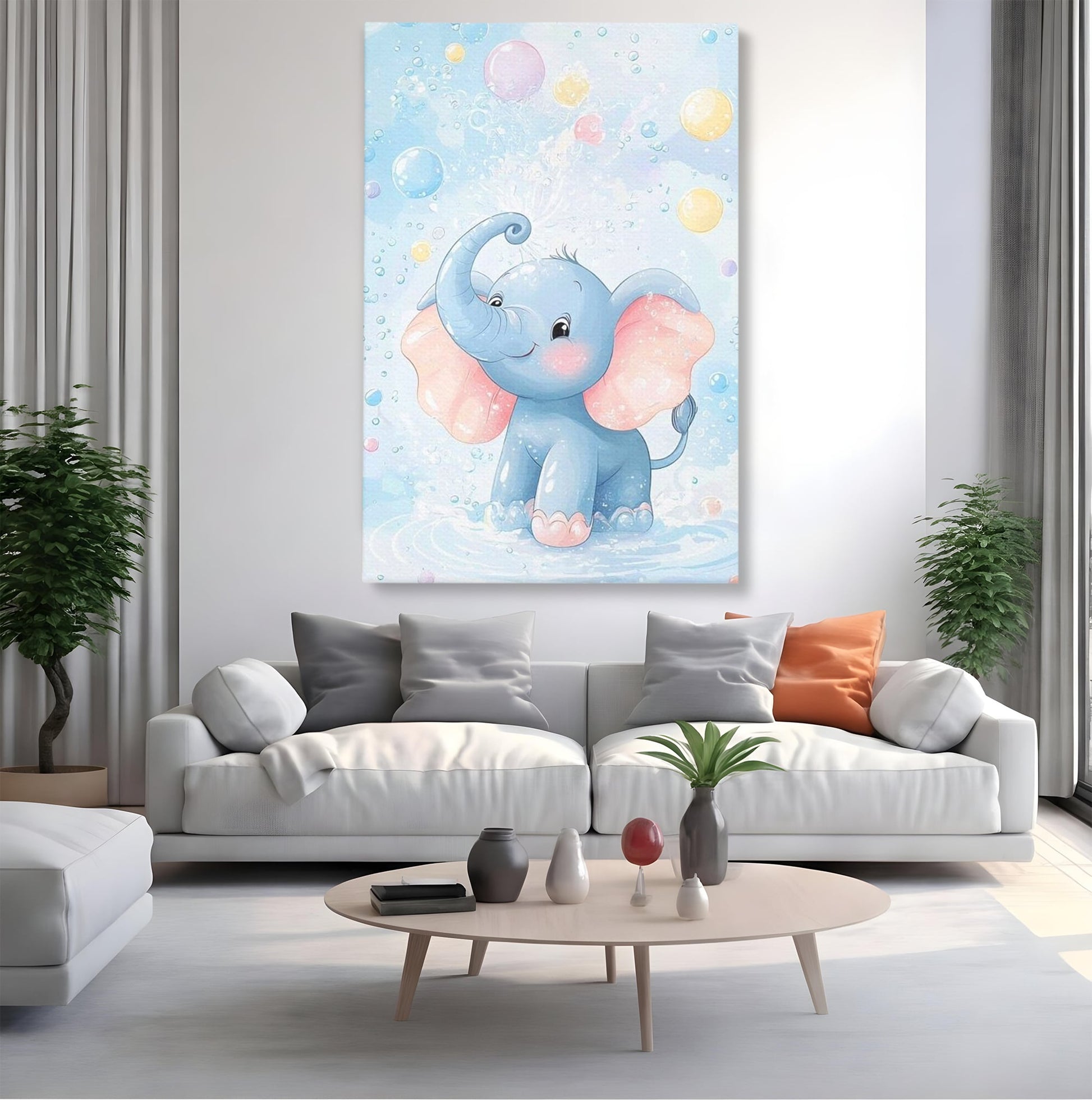 Leinwand Wandkunst Leinwand Wandkunst Premium, LuxCanva® K1066, Freude in kleinen Schritten, Elefant, Huhn, spielen, verspielt, verspielt, Luftballons, Pastell, liebenswert, Kindergarten, Kinderzimmer, Babyzimmer, Schlafzimmer
