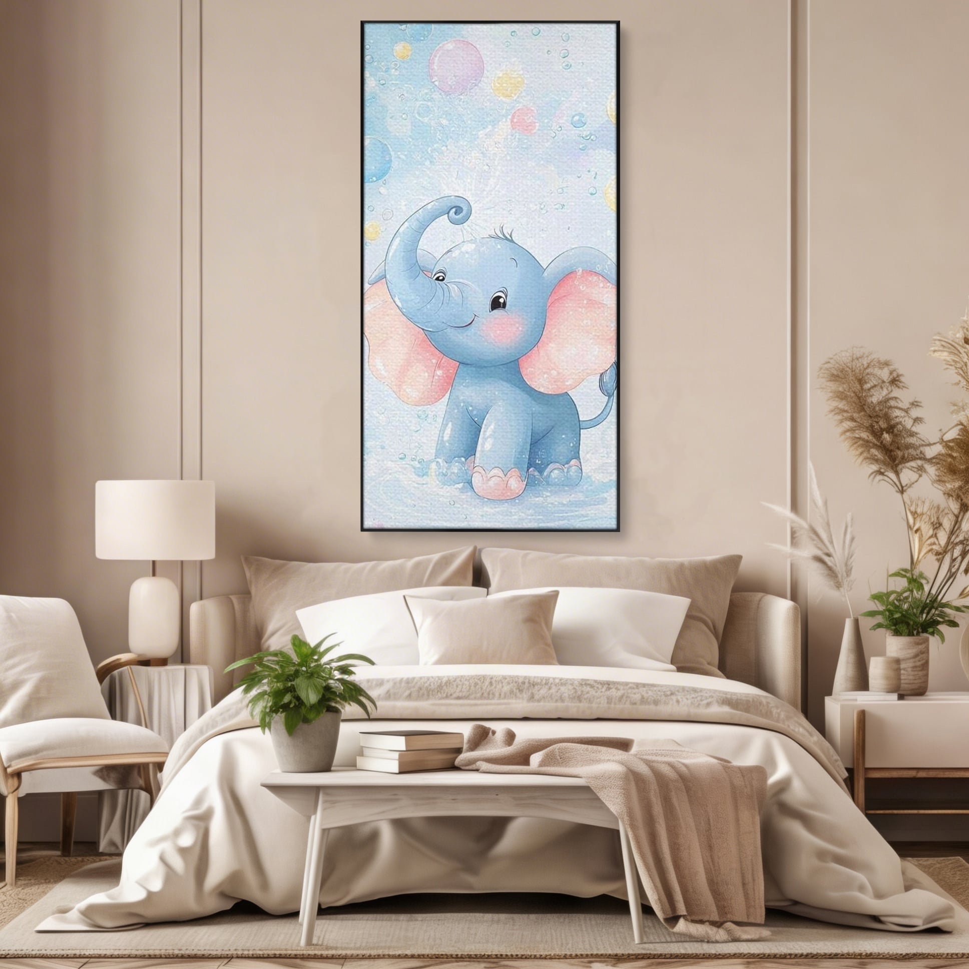 Leinwand Wandkunst Leinwand Wandkunst Premium, LuxCanva® K1066, Freude in kleinen Schritten, Elefant, Huhn, spielen, verspielt, verspielt, Luftballons, Pastell, liebenswert, Kindergarten, Kinderzimmer, Babyzimmer, Schlafzimmer