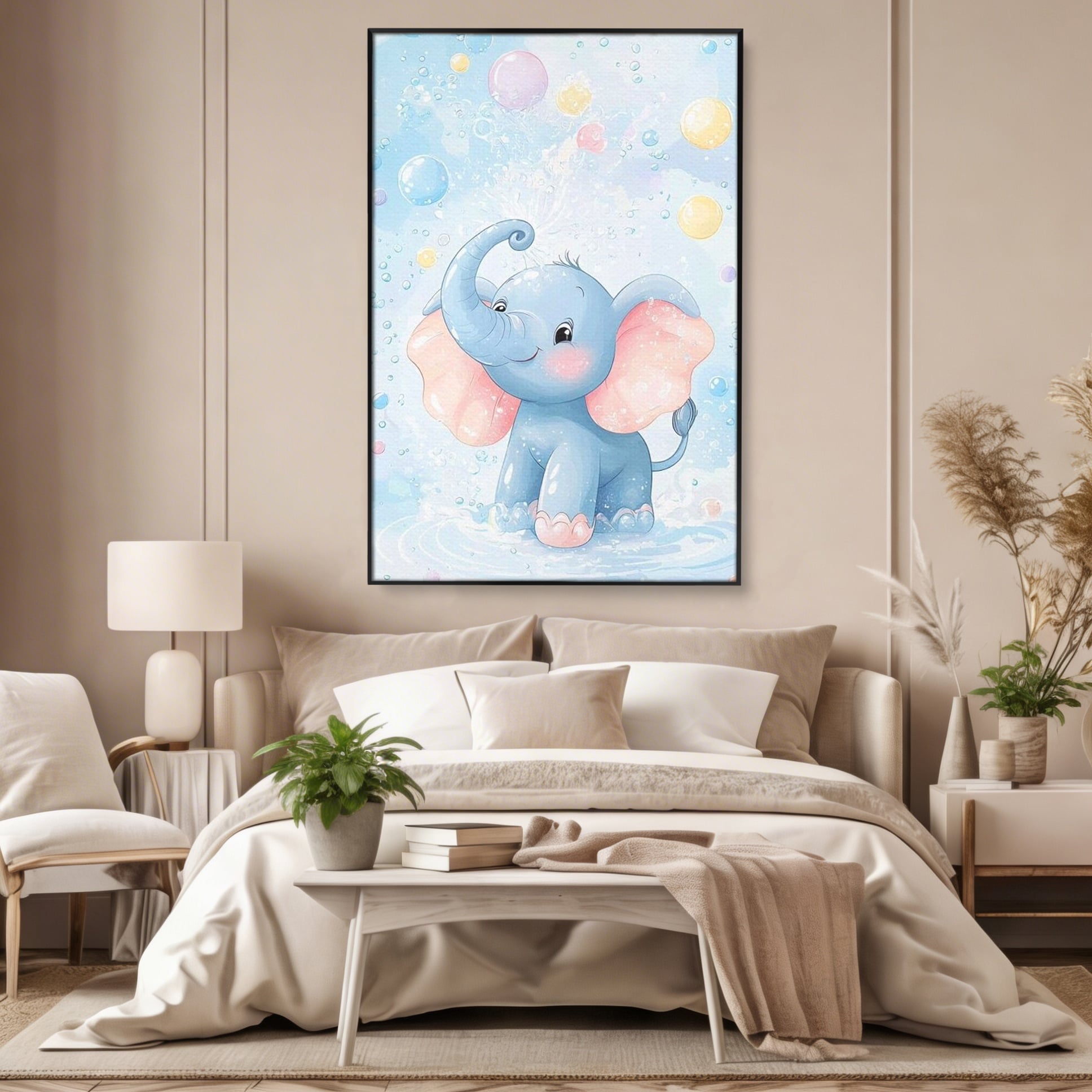 Leinwand Wandkunst Leinwand Wandkunst Premium, LuxCanva® K1066, Freude in kleinen Schritten, Elefant, Huhn, spielen, verspielt, verspielt, Luftballons, Pastell, liebenswert, Kindergarten, Kinderzimmer, Babyzimmer, Schlafzimmer