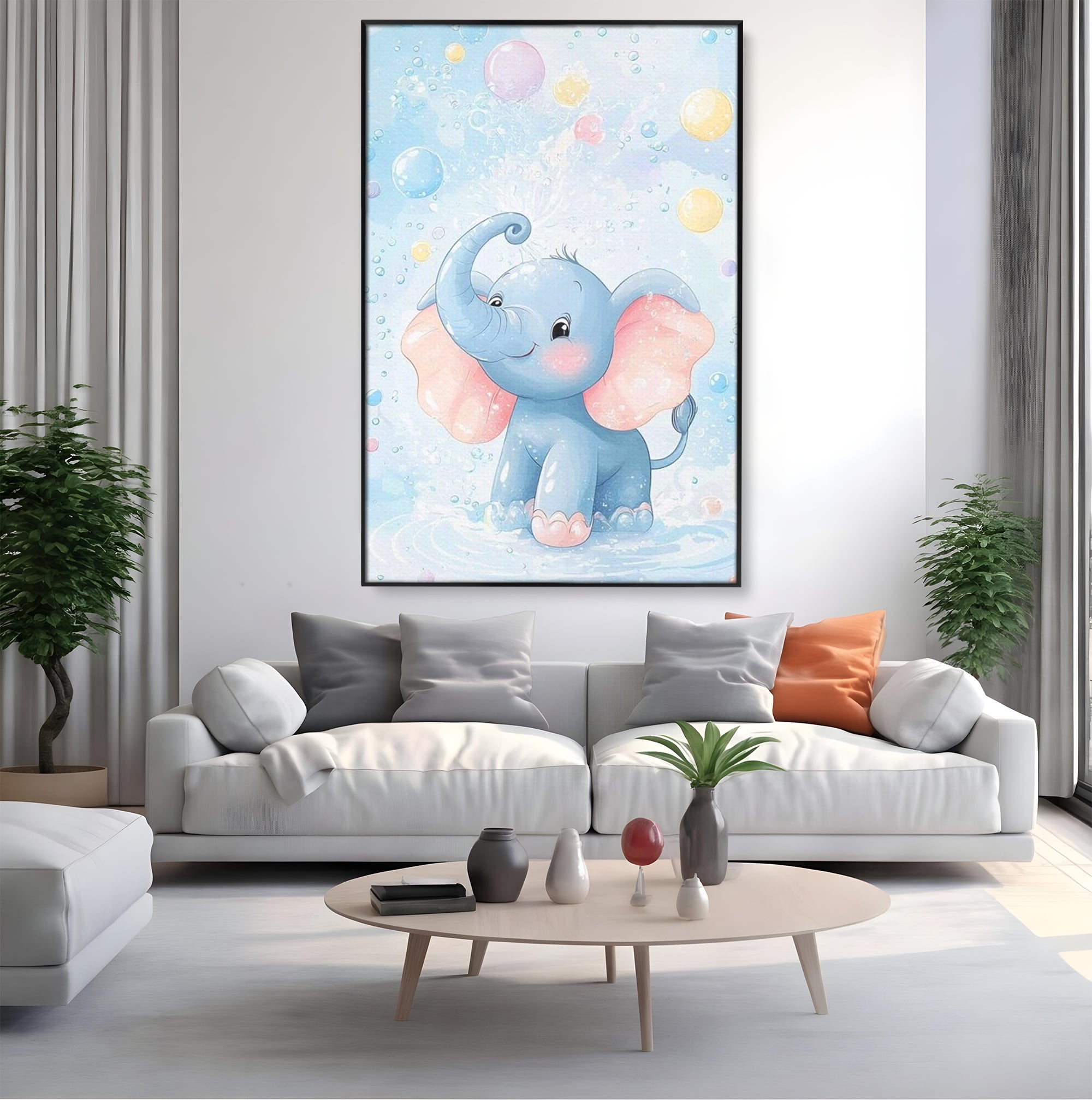 Leinwand Wandkunst Leinwand Wandkunst Premium, LuxCanva® K1066, Freude in kleinen Schritten, Elefant, Huhn, spielen, verspielt, verspielt, Luftballons, Pastell, liebenswert, Kindergarten, Kinderzimmer, Babyzimmer, Schlafzimmer