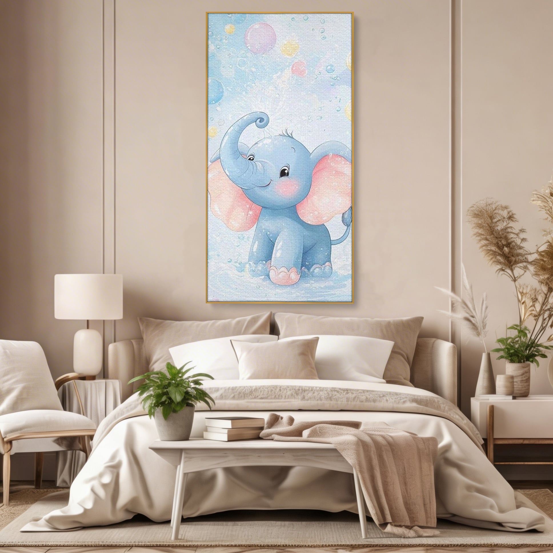 Leinwand Wandkunst Leinwand Wandkunst Premium, LuxCanva® K1066, Freude in kleinen Schritten, Elefant, Huhn, spielen, verspielt, verspielt, Luftballons, Pastell, liebenswert, Kindergarten, Kinderzimmer, Babyzimmer, Schlafzimmer