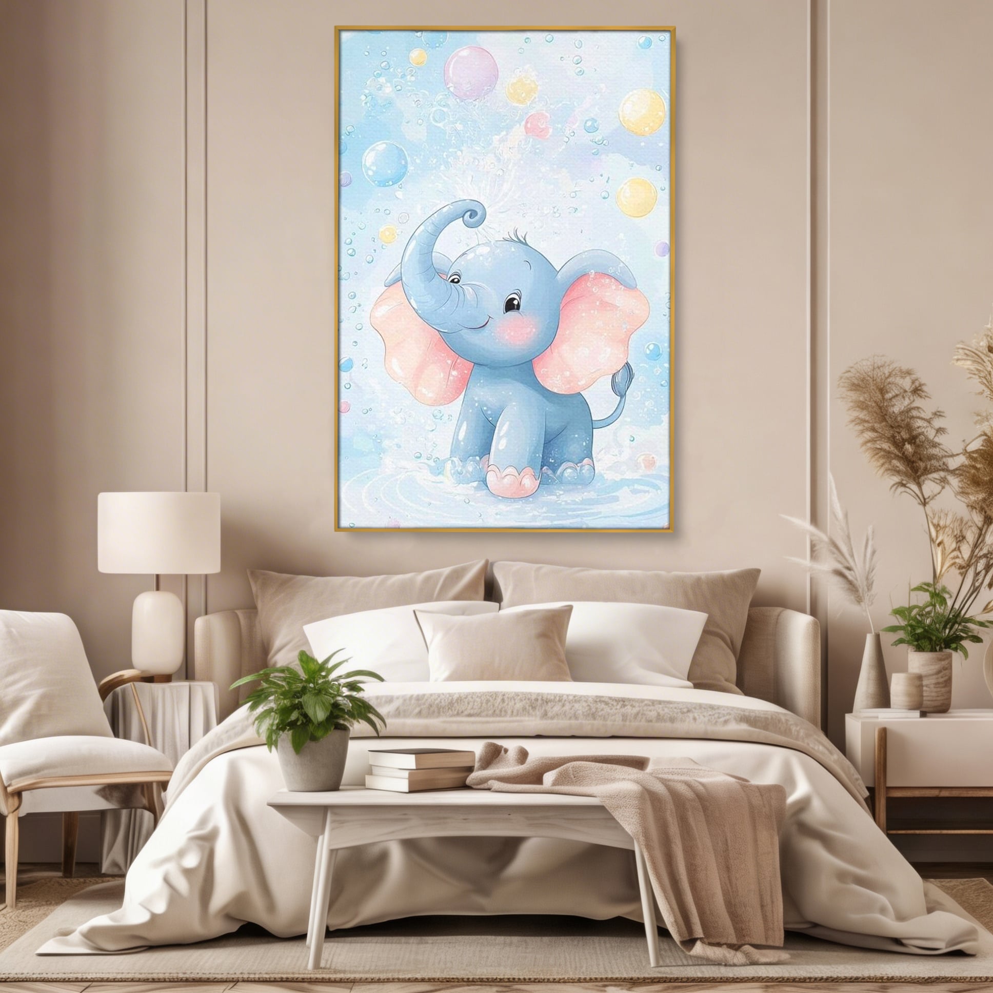 Leinwand Wandkunst Leinwand Wandkunst Premium, LuxCanva® K1066, Freude in kleinen Schritten, Elefant, Huhn, spielen, verspielt, verspielt, Luftballons, Pastell, liebenswert, Kindergarten, Kinderzimmer, Babyzimmer, Schlafzimmer