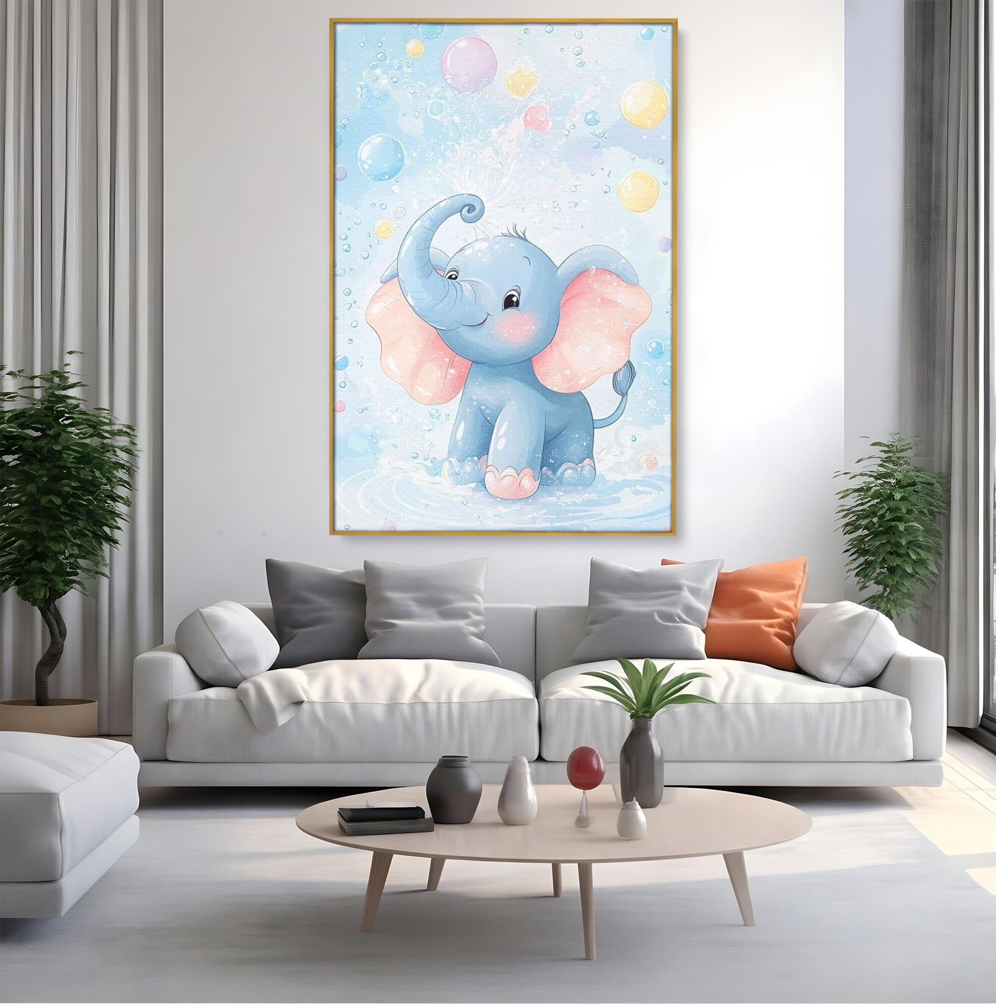 Leinwand Wandkunst Leinwand Wandkunst Premium, LuxCanva® K1066, Freude in kleinen Schritten, Elefant, Huhn, spielen, verspielt, verspielt, Luftballons, Pastell, liebenswert, Kindergarten, Kinderzimmer, Babyzimmer, Schlafzimmer