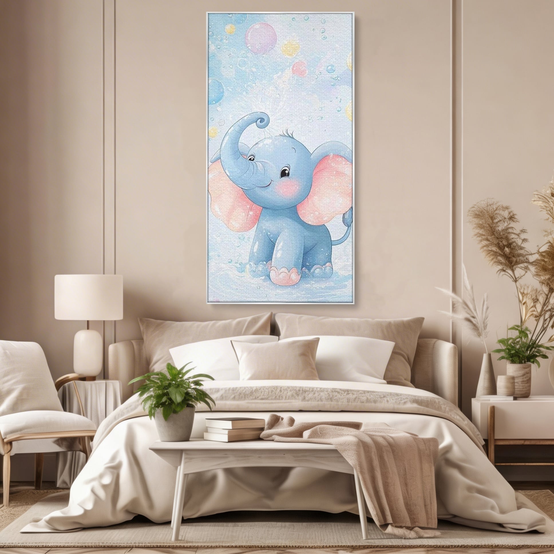 Leinwand Wandkunst Leinwand Wandkunst Premium, LuxCanva® K1066, Freude in kleinen Schritten, Elefant, Huhn, spielen, verspielt, verspielt, Luftballons, Pastell, liebenswert, Kindergarten, Kinderzimmer, Babyzimmer, Schlafzimmer