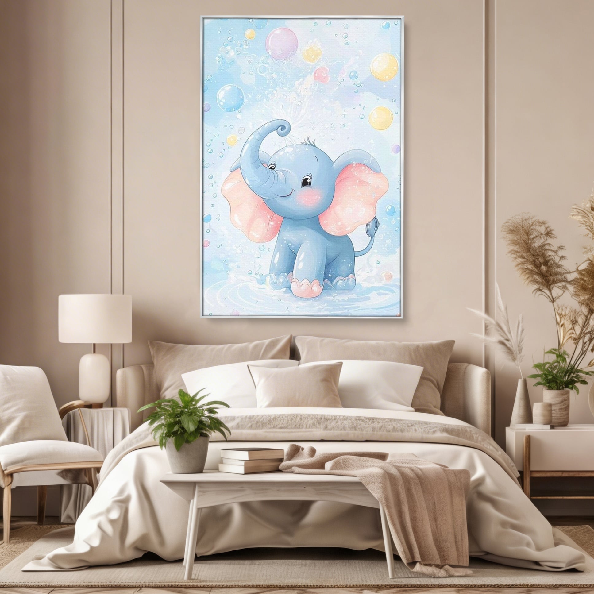 Leinwand Wandkunst Leinwand Wandkunst Premium, LuxCanva® K1066, Freude in kleinen Schritten, Elefant, Huhn, spielen, verspielt, verspielt, Luftballons, Pastell, liebenswert, Kindergarten, Kinderzimmer, Babyzimmer, Schlafzimmer