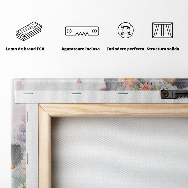 Leinwand Wandkunst Leinwand Premium, LuxCanva® K1067, Frühlingsspiel, Vögel, Vögel, Blumen, Hüte, Blütenblätter, Blumen, Blumen, Blumen, Kindergarten, Kinderzimmer, Kinderzimmer, Schlafzimmer