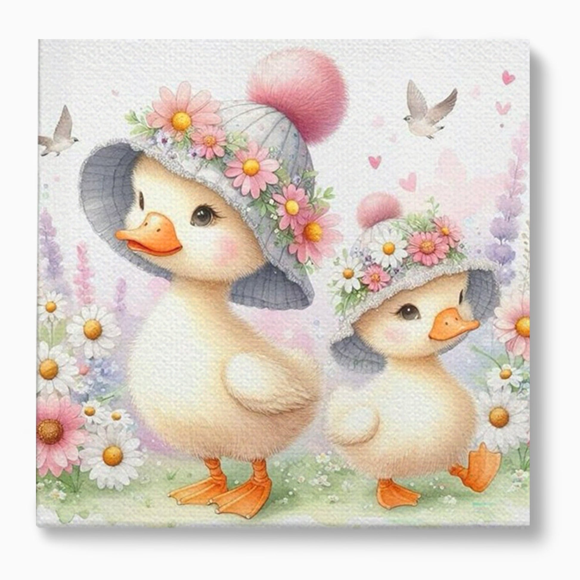 Leinwand Wandkunst Leinwand Premium, LuxCanva® K1067, Frühlingsspiel, Vögel, Vögel, Blumen, Hüte, Blütenblätter, Blumen, Blumen, Blumen, Kindergarten, Kinderzimmer, Kinderzimmer, Schlafzimmer