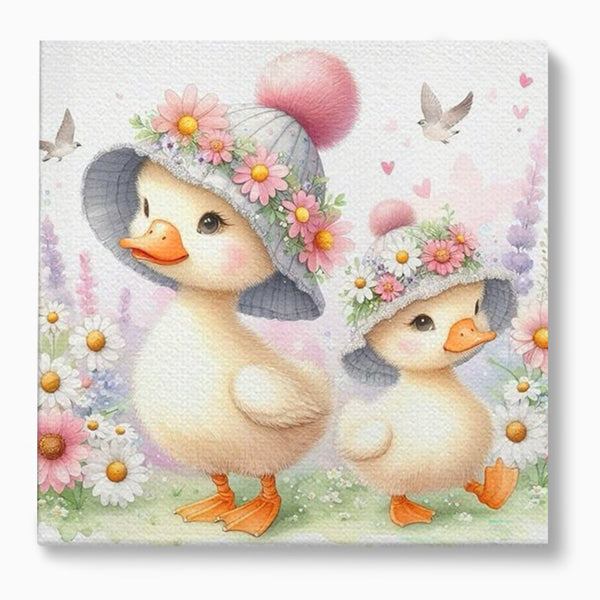 Leinwand Wandkunst Leinwand Premium, LuxCanva® K1067, Frühlingsspiel, Vögel, Vögel, Blumen, Hüte, Blütenblätter, Blumen, Blumen, Blumen, Kindergarten, Kinderzimmer, Kinderzimmer, Schlafzimmer