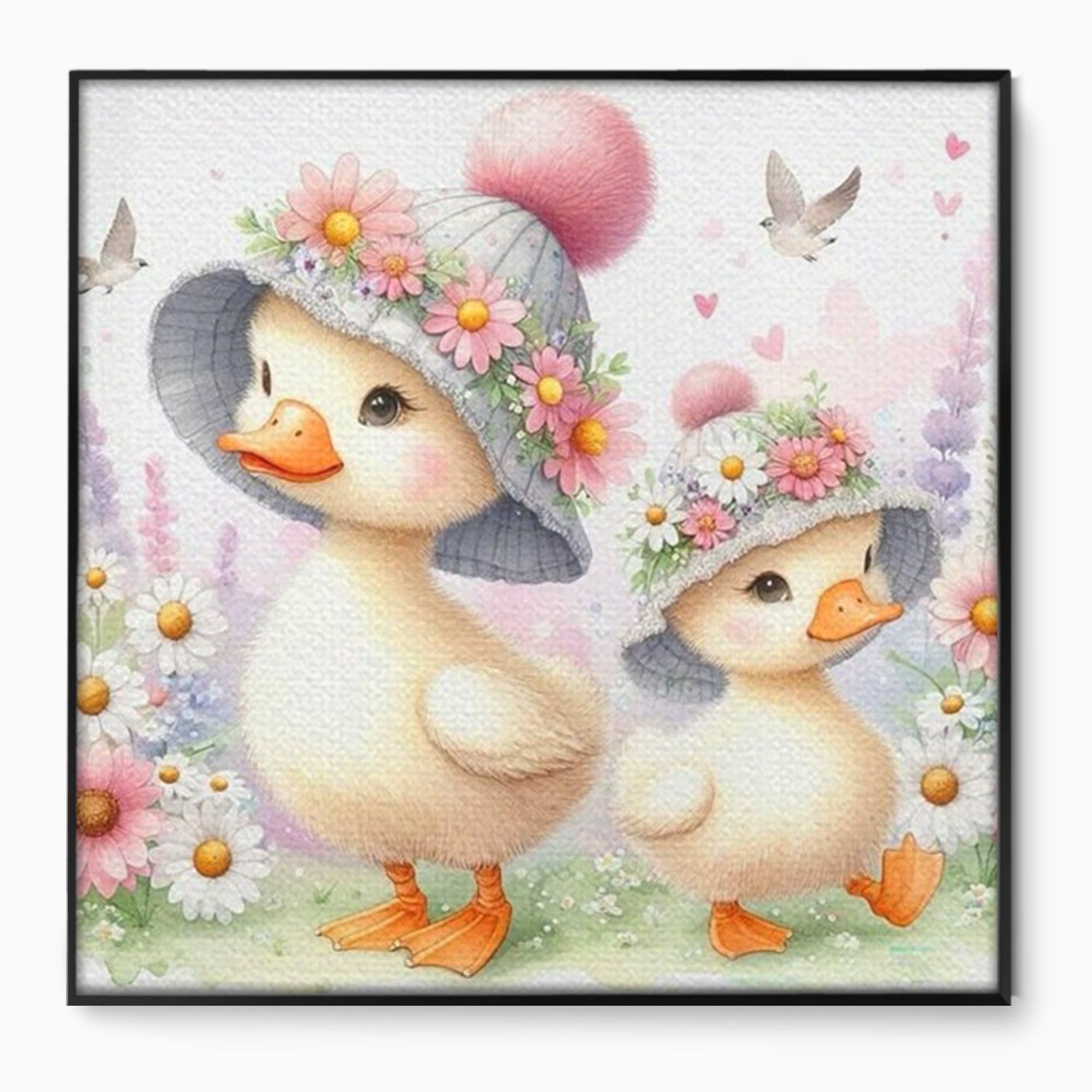 Leinwand Wandkunst Leinwand Premium, LuxCanva® K1067, Frühlingsspiel, Vögel, Vögel, Blumen, Hüte, Blütenblätter, Blumen, Blumen, Blumen, Kindergarten, Kinderzimmer, Kinderzimmer, Schlafzimmer