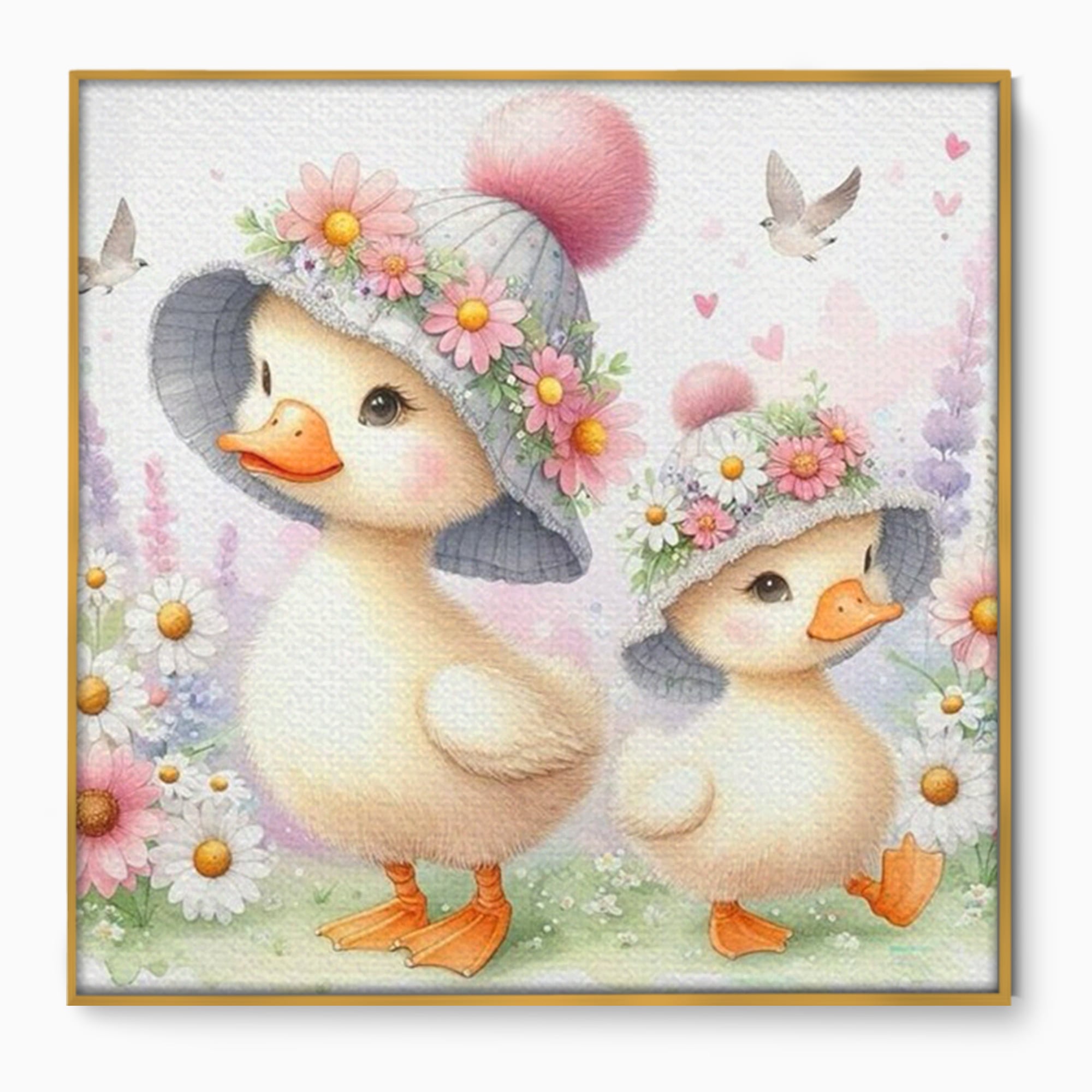 Leinwand Wandkunst Leinwand Premium, LuxCanva® K1067, Frühlingsspiel, Vögel, Vögel, Blumen, Hüte, Blütenblätter, Blumen, Blumen, Blumen, Kindergarten, Kinderzimmer, Kinderzimmer, Schlafzimmer