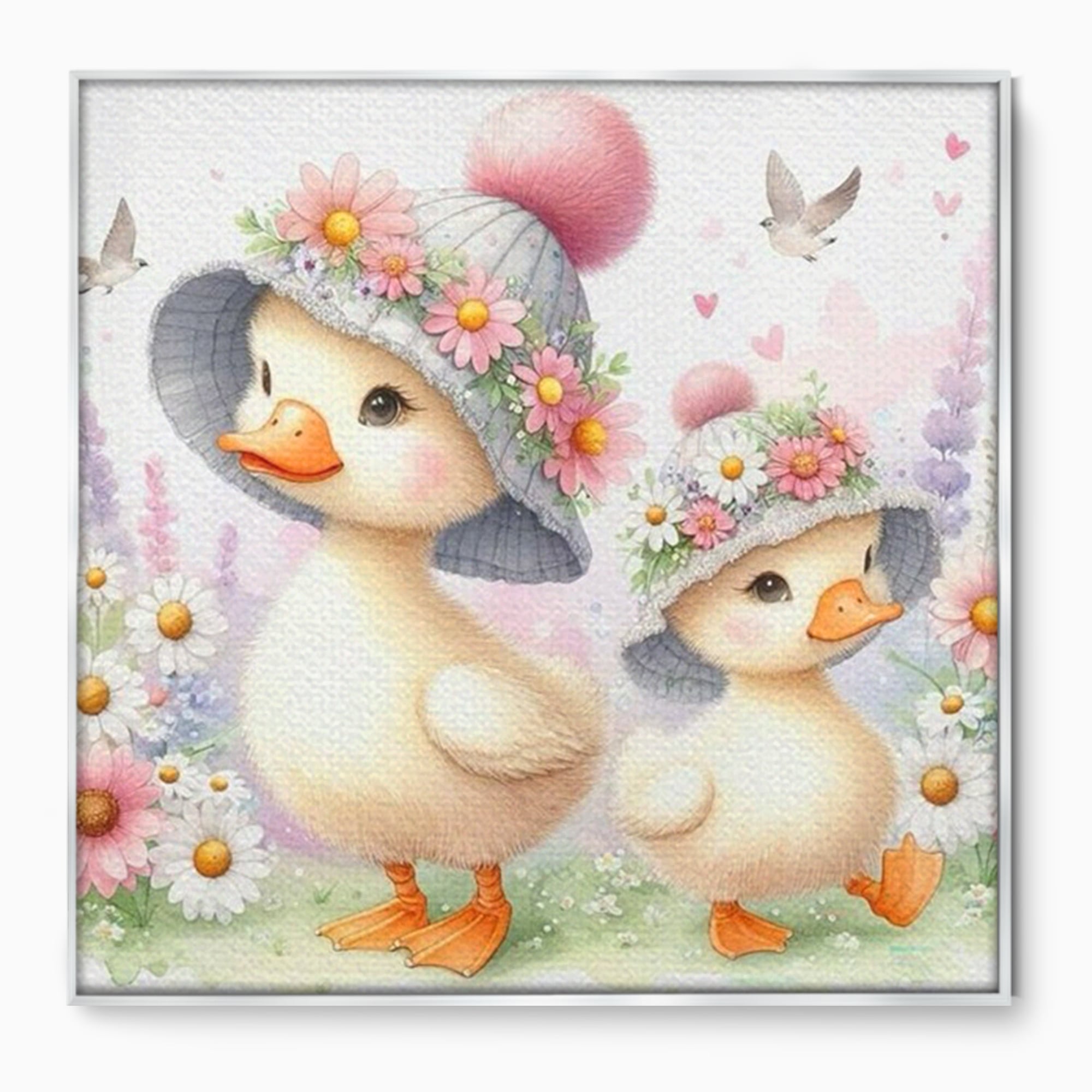 Leinwand Wandkunst Leinwand Premium, LuxCanva® K1067, Frühlingsspiel, Vögel, Vögel, Blumen, Hüte, Blütenblätter, Blumen, Blumen, Blumen, Kindergarten, Kinderzimmer, Kinderzimmer, Schlafzimmer