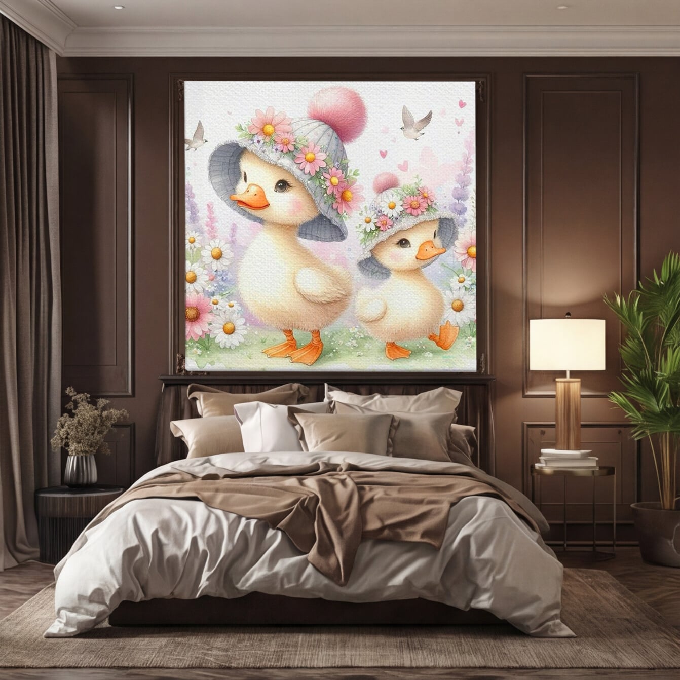 Leinwand Wandkunst Leinwand Premium, LuxCanva® K1067, Frühlingsspiel, Vögel, Vögel, Blumen, Hüte, Blütenblätter, Blumen, Blumen, Blumen, Kindergarten, Kinderzimmer, Kinderzimmer, Schlafzimmer