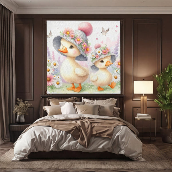 Leinwand Wandkunst Leinwand Premium, LuxCanva® K1067, Frühlingsspiel, Vögel, Vögel, Blumen, Hüte, Blütenblätter, Blumen, Blumen, Blumen, Kindergarten, Kinderzimmer, Kinderzimmer, Schlafzimmer