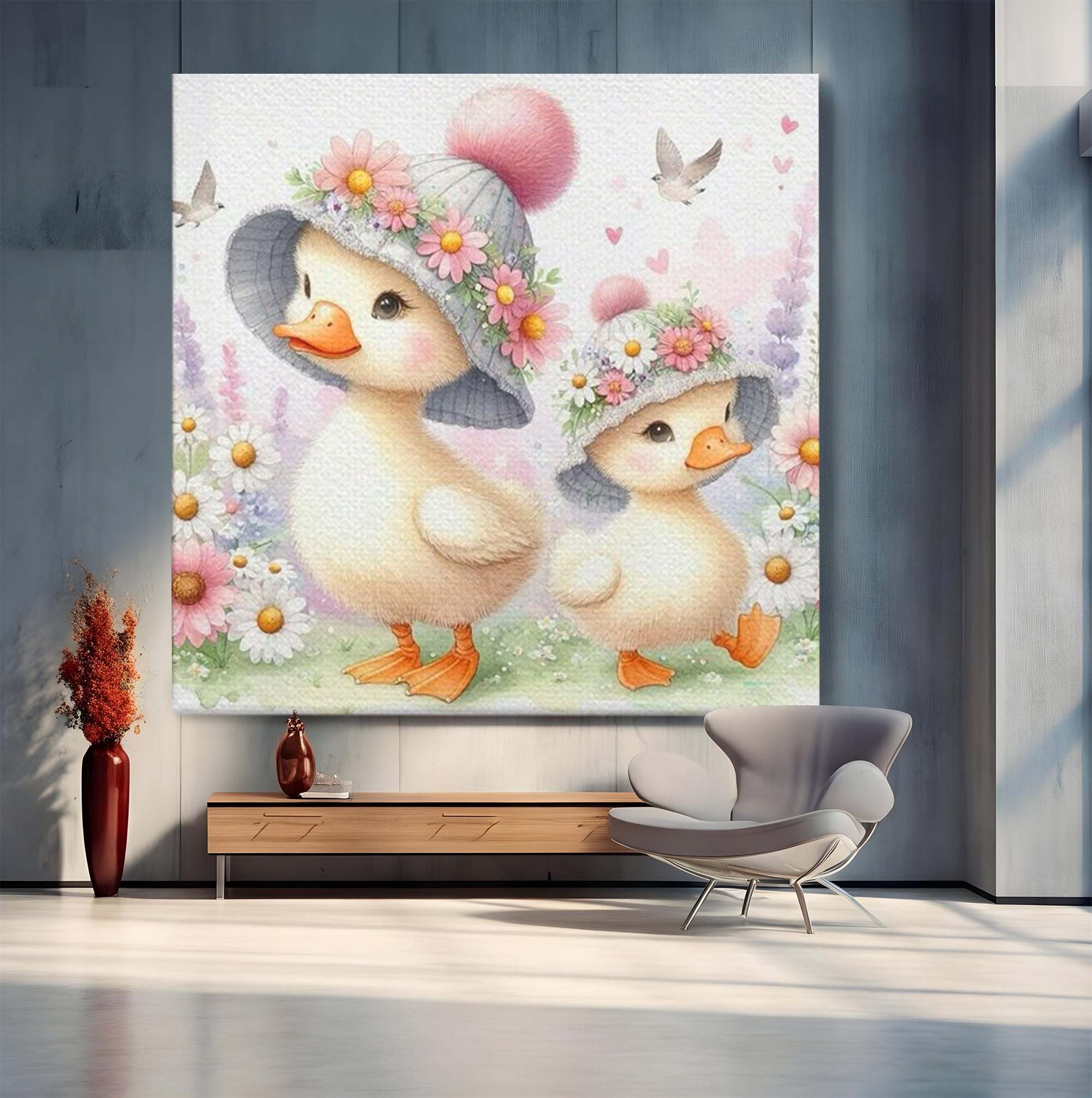 Leinwand Wandkunst Leinwand Premium, LuxCanva® K1067, Frühlingsspiel, Vögel, Vögel, Blumen, Hüte, Blütenblätter, Blumen, Blumen, Blumen, Kindergarten, Kinderzimmer, Kinderzimmer, Schlafzimmer