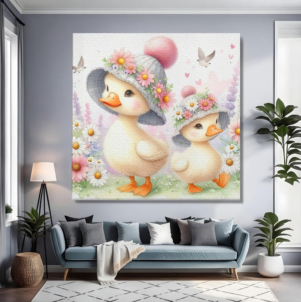 Leinwand Wandkunst Leinwand Premium, LuxCanva® K1067, Frühlingsspiel, Vögel, Vögel, Blumen, Hüte, Blütenblätter, Blumen, Blumen, Blumen, Kindergarten, Kinderzimmer, Kinderzimmer, Schlafzimmer