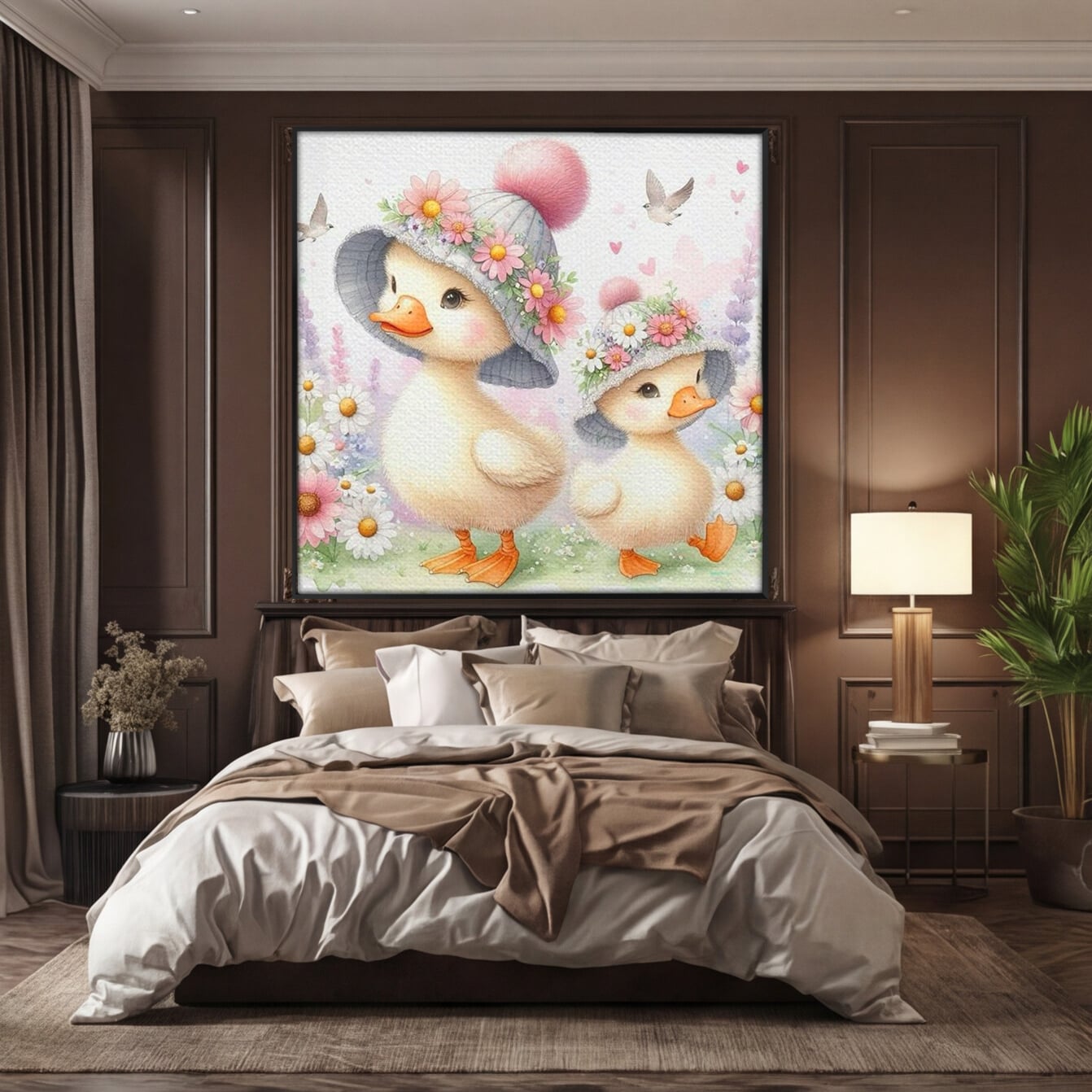 Leinwand Wandkunst Leinwand Premium, LuxCanva® K1067, Frühlingsspiel, Vögel, Vögel, Blumen, Hüte, Blütenblätter, Blumen, Blumen, Blumen, Kindergarten, Kinderzimmer, Kinderzimmer, Schlafzimmer