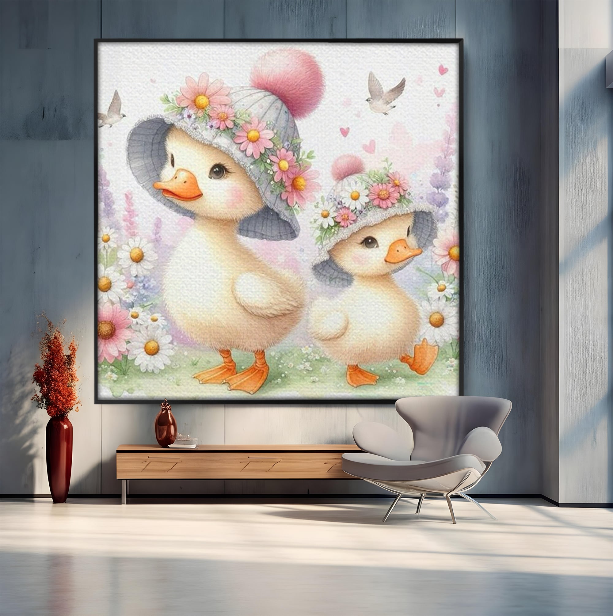 Leinwand Wandkunst Leinwand Premium, LuxCanva® K1067, Frühlingsspiel, Vögel, Vögel, Blumen, Hüte, Blütenblätter, Blumen, Blumen, Blumen, Kindergarten, Kinderzimmer, Kinderzimmer, Schlafzimmer