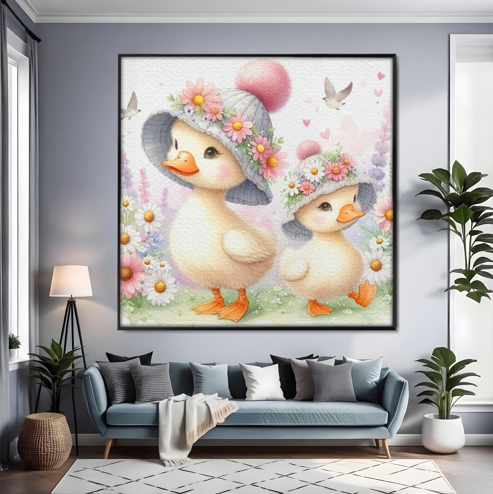 Leinwand Wandkunst Leinwand Premium, LuxCanva® K1067, Frühlingsspiel, Vögel, Vögel, Blumen, Hüte, Blütenblätter, Blumen, Blumen, Blumen, Kindergarten, Kinderzimmer, Kinderzimmer, Schlafzimmer