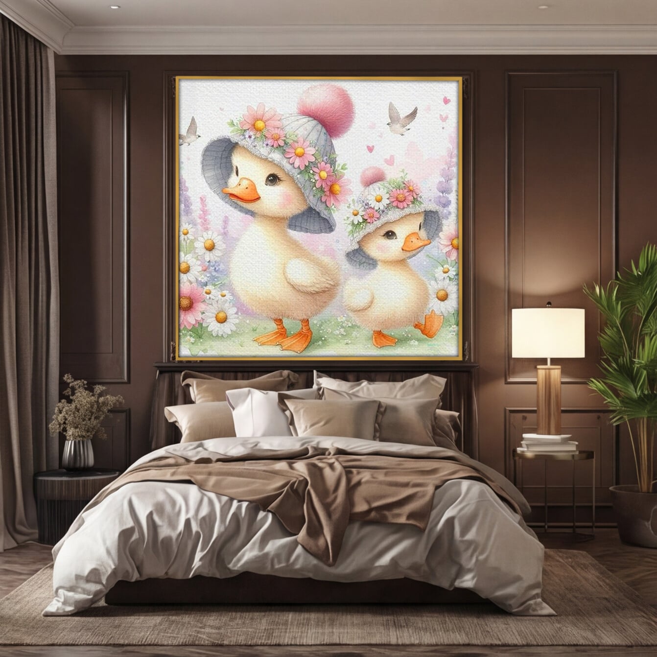 Leinwand Wandkunst Leinwand Premium, LuxCanva® K1067, Frühlingsspiel, Vögel, Vögel, Blumen, Hüte, Blütenblätter, Blumen, Blumen, Blumen, Kindergarten, Kinderzimmer, Kinderzimmer, Schlafzimmer