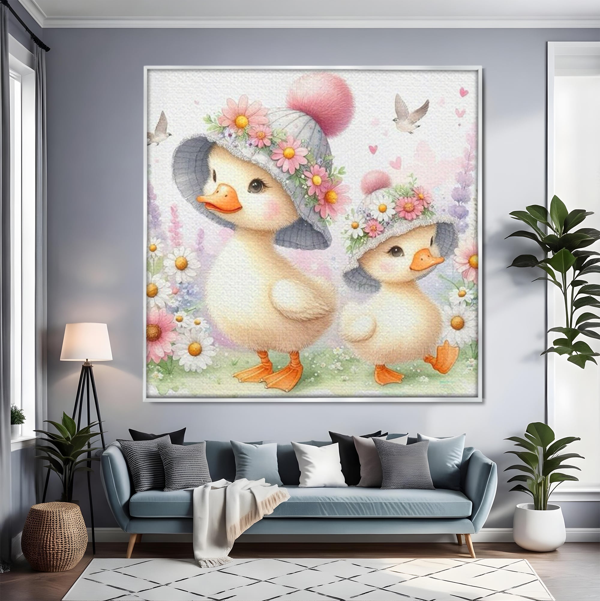 Leinwand Wandkunst Leinwand Premium, LuxCanva® K1067, Frühlingsspiel, Vögel, Vögel, Blumen, Hüte, Blütenblätter, Blumen, Blumen, Blumen, Kindergarten, Kinderzimmer, Kinderzimmer, Schlafzimmer